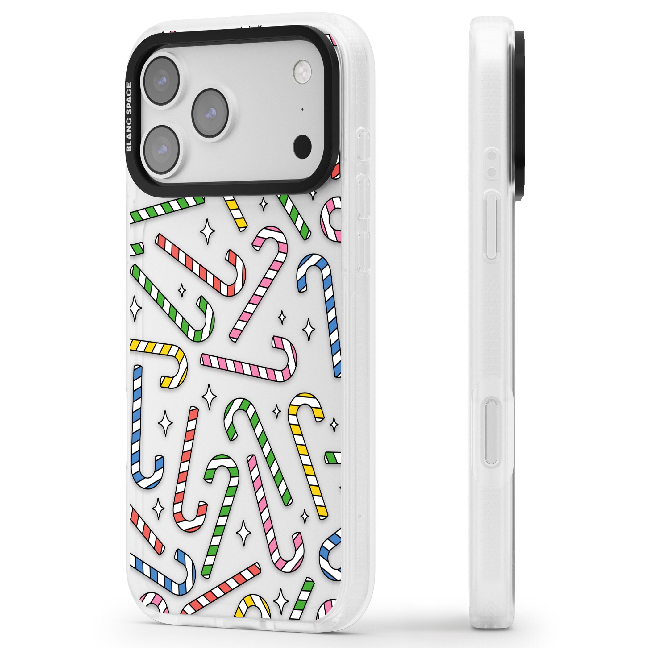 Colourful Stars & Candy Canes iPhone 17 Pro Impact Air Clear Phone Case Side Profile