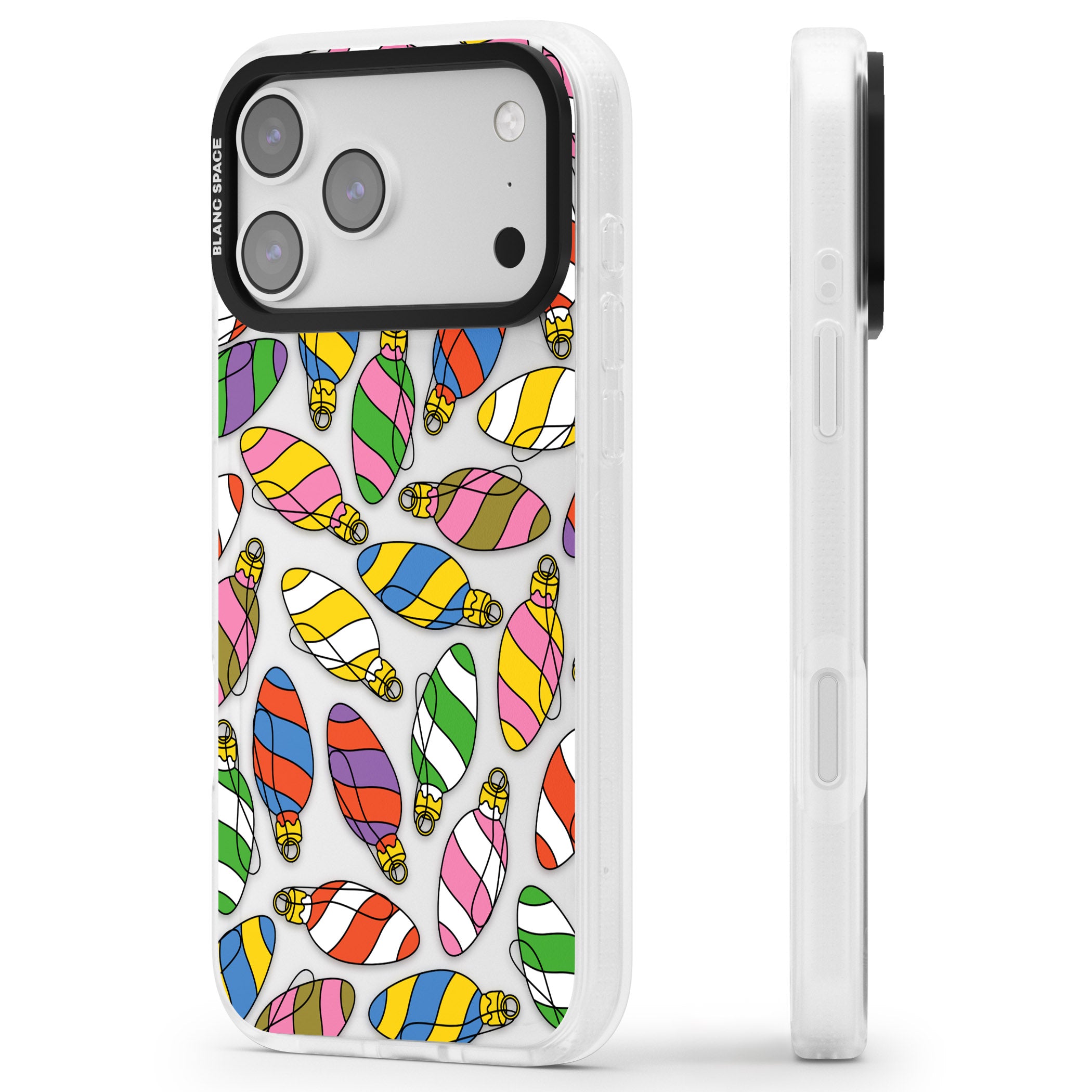 Colourful Holiday Ornaments iPhone 17 Pro Impact Air Clear Phone Case Side Profile