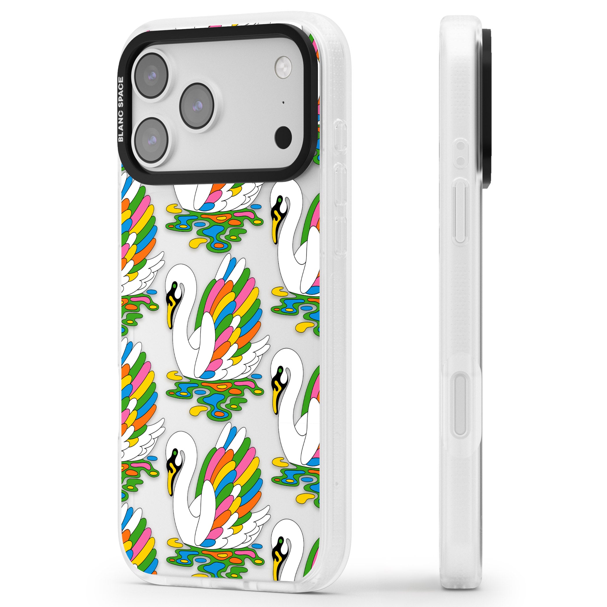 Colourful Swan Pattern iPhone 17 Pro Impact Air Clear Phone Case Side Profile