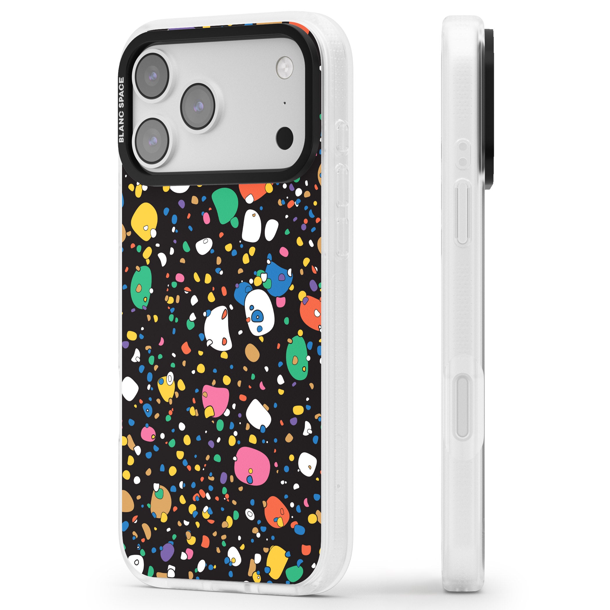 Colourful Confetti Pebbles (Black) iPhone 17 Pro Impact Air Clear Phone Case Side Profile