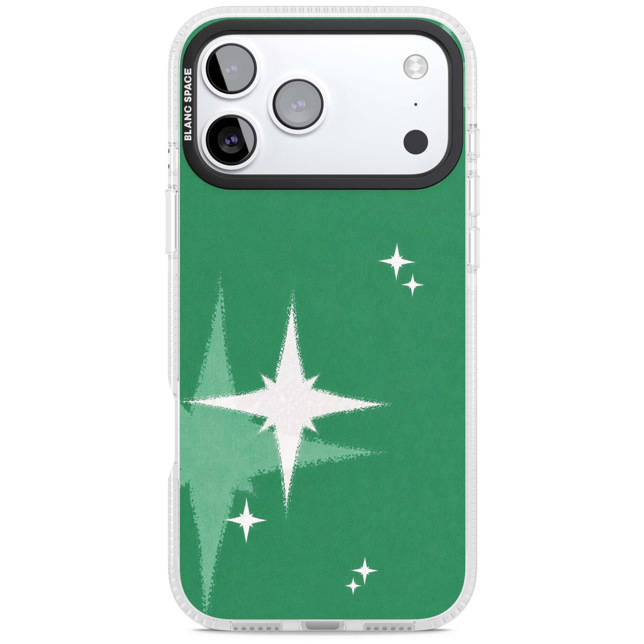 Green Sparkle celestial iPhone case featuring sparkling white four-point stars on a deep green background | Clear Case Impact Air case for iPhone 17 Pro, iPhone 17 Pro Max
