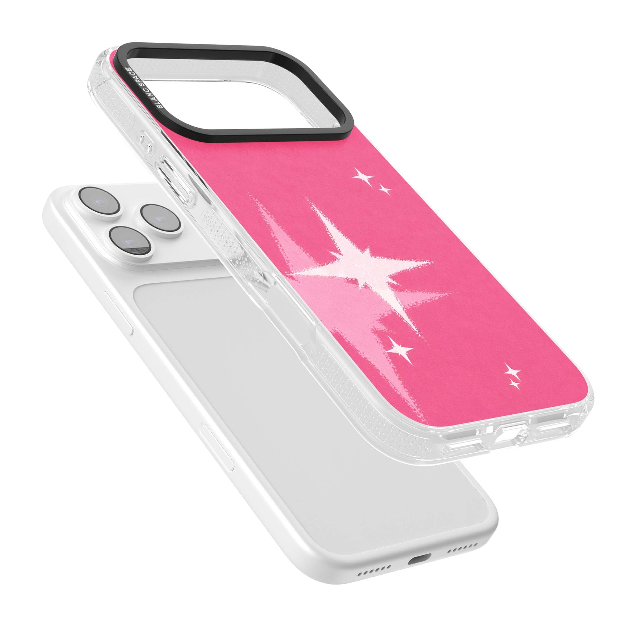 Pink Sparkle Y2K iPhone case featuring hot pink background with shimmering white starburst pattern | Clear Case Impact Air case for iPhone 17 Pro, iPhone 17 Pro Max