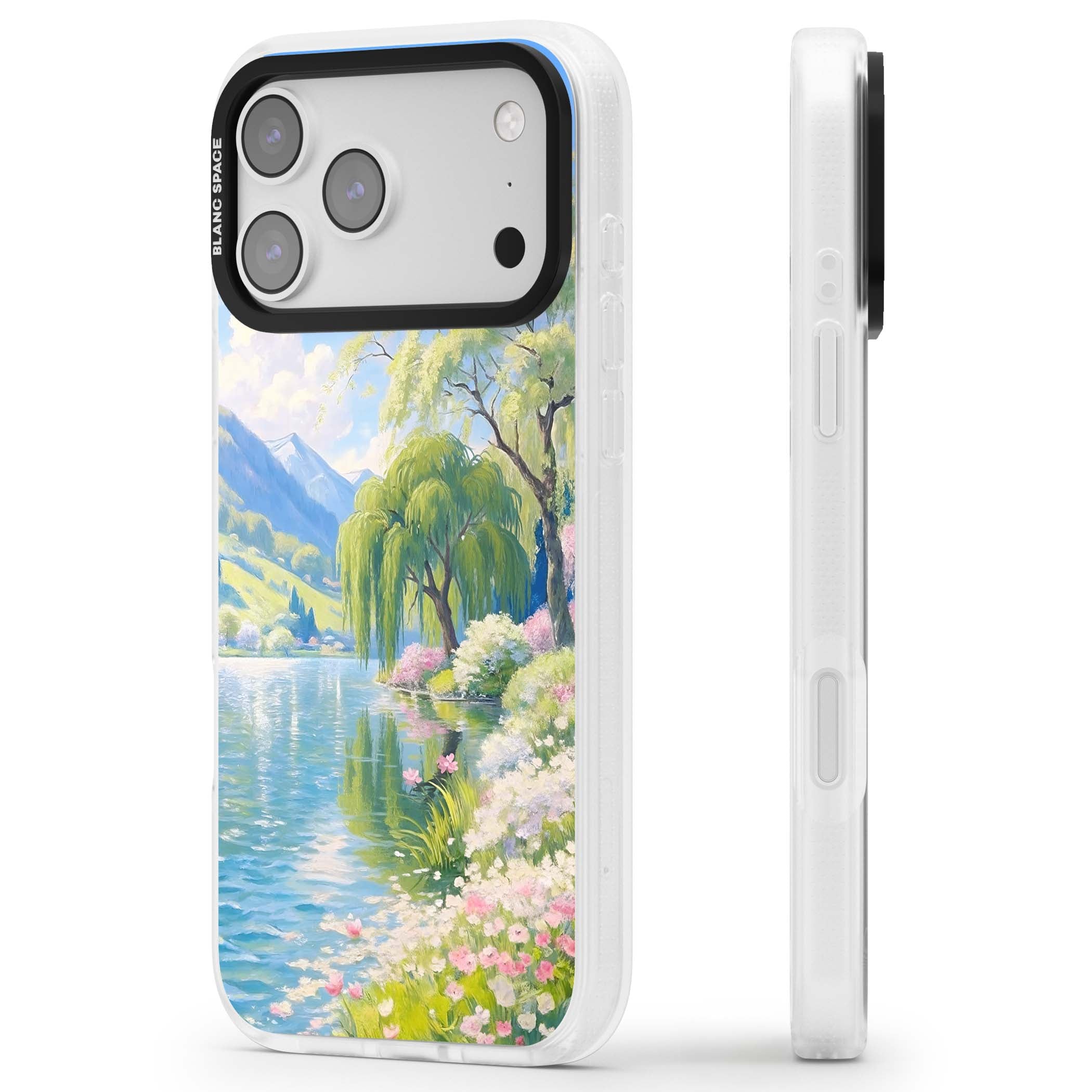 Willow Lake cottagecore iPhone case featuring a painted lakeside with weeping willow, blossoms and distant mountains | Clear Case Impact Air case for iPhone 17 Pro, iPhone 17 Pro Max
