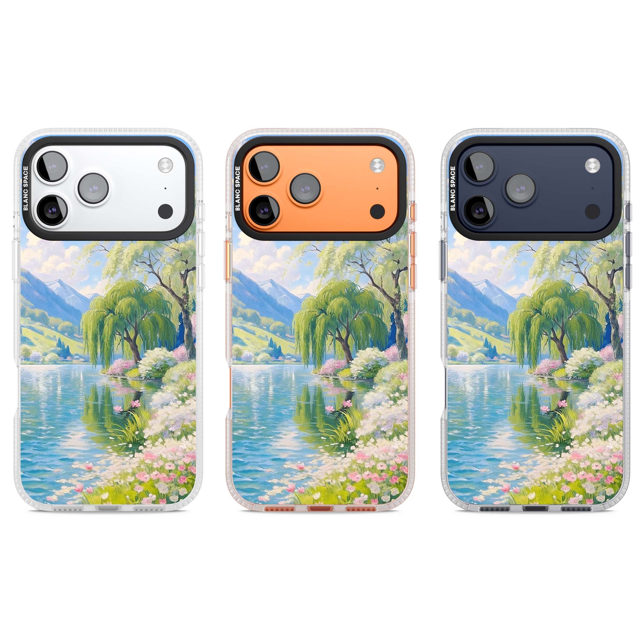 Willow Lake cottagecore iPhone case featuring a painted lakeside with weeping willow, blossoms and distant mountains | Clear Case Impact Air case for iPhone 17 Pro, iPhone 17 Pro Max