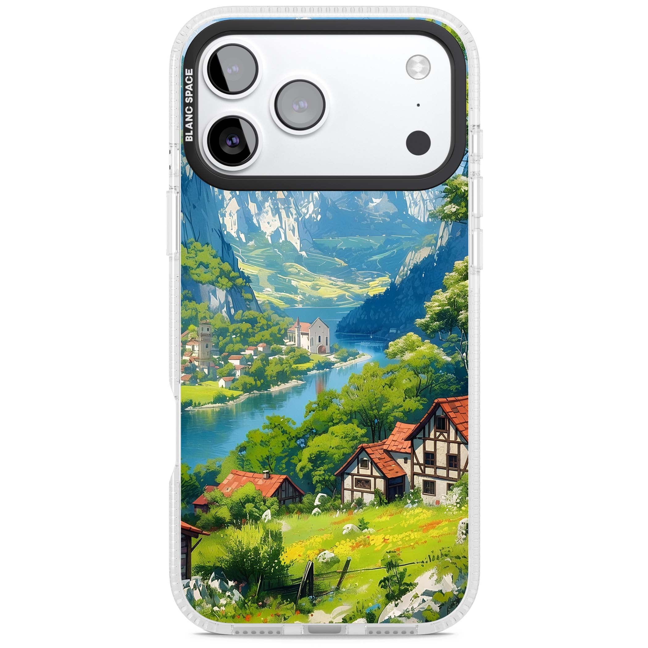Village In The Valley anime iPhone case featuring a painted mountain village, river valley and half-timbered cottages. | Clear Case Impact Air case for iPhone 17 Pro, iPhone 17 Pro Max