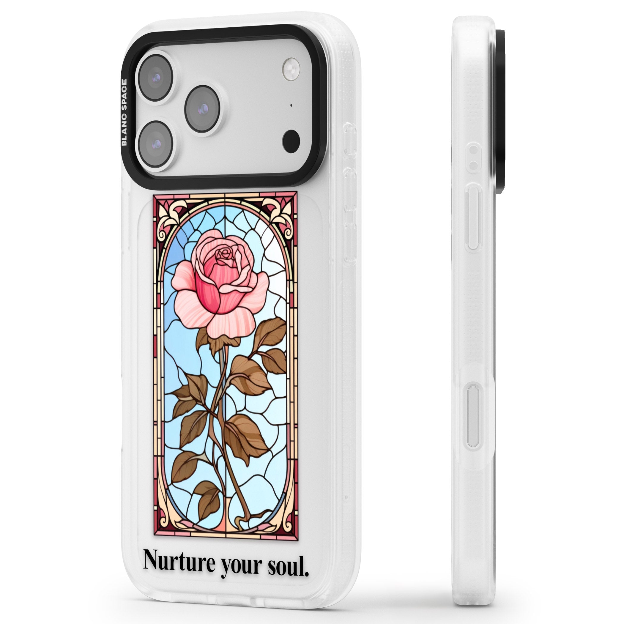 Nurture Your Soul iPhone 17 Pro Impact Air Clear Phone Case Side Profile