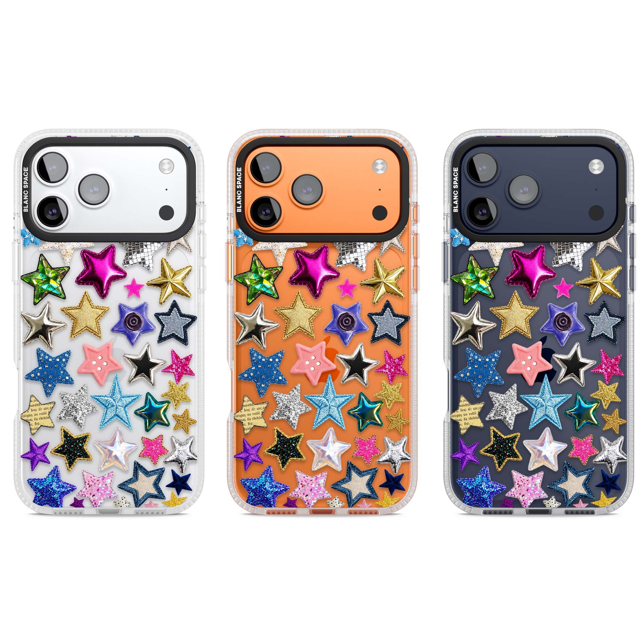 Crafty Star Mix Y2K iPhone case featuring embroidered, sequinned and glitter star patches in rainbow colours | Clear Case Impact Air case for iPhone 17 Pro, iPhone 17 Pro Max