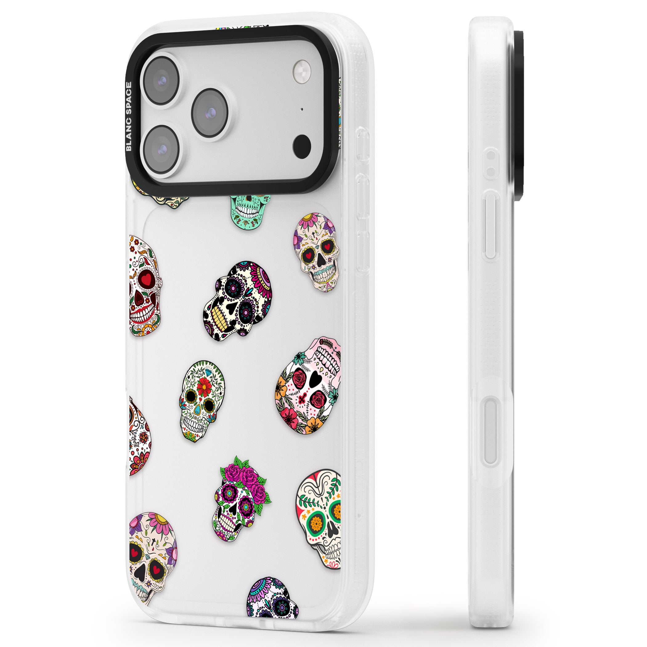 Mixed Sugar Skull Pattern iPhone 17 Pro Impact Air Clear Phone Case Side Profile