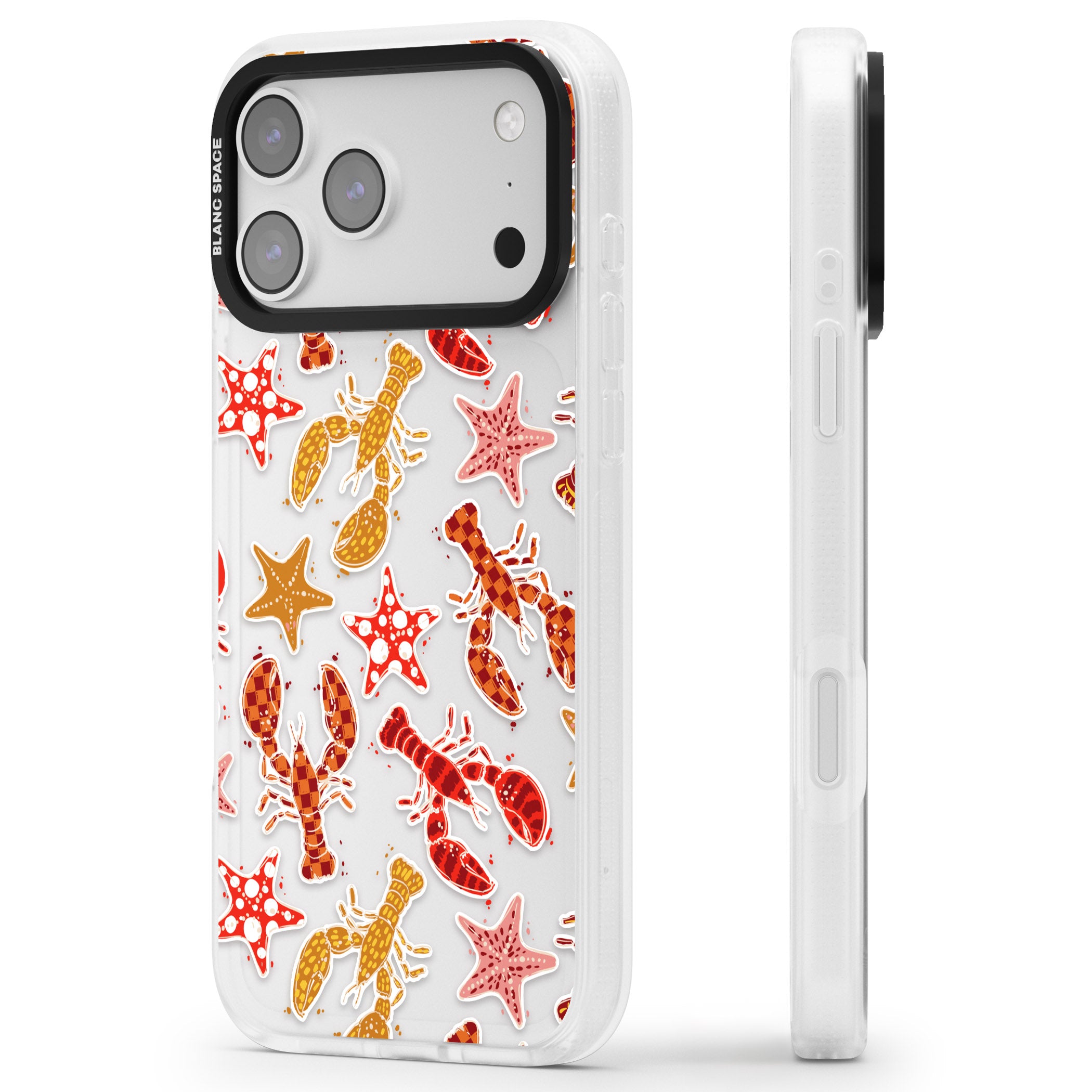 Lobster & Starfish Coastal Pattern iPhone 17 Pro Impact Air Clear Phone Case Side Profile