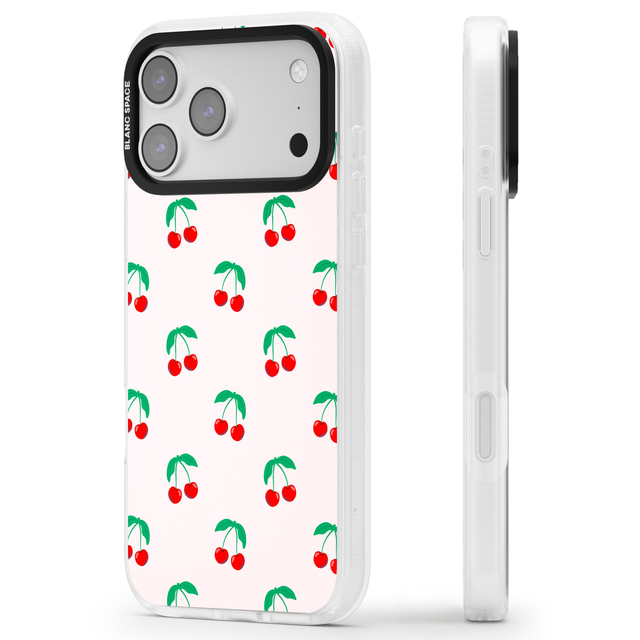 Cute Cherry Pattern iPhone 17 Pro Impact Air Clear Phone Case Side Profile