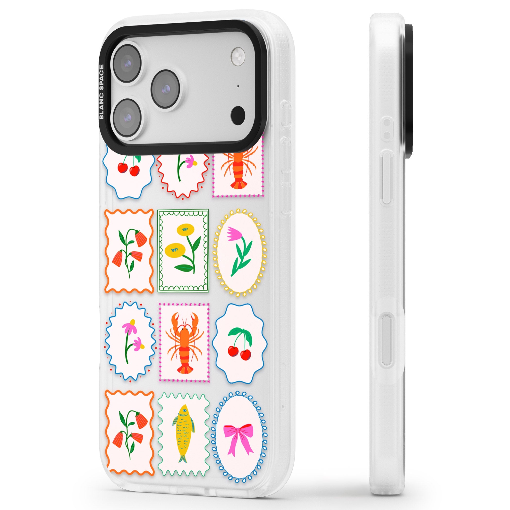 Floral Seafood Stamps iPhone 17 Pro Impact Air Clear Phone Case Side Profile