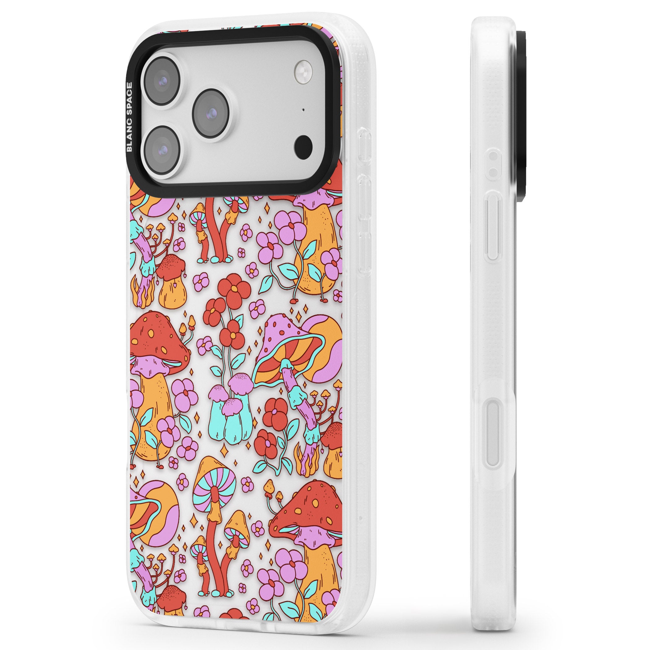 Psychedelic Flowers & Mushrooms iPhone 17 Pro Impact Air Clear Phone Case Side Profile