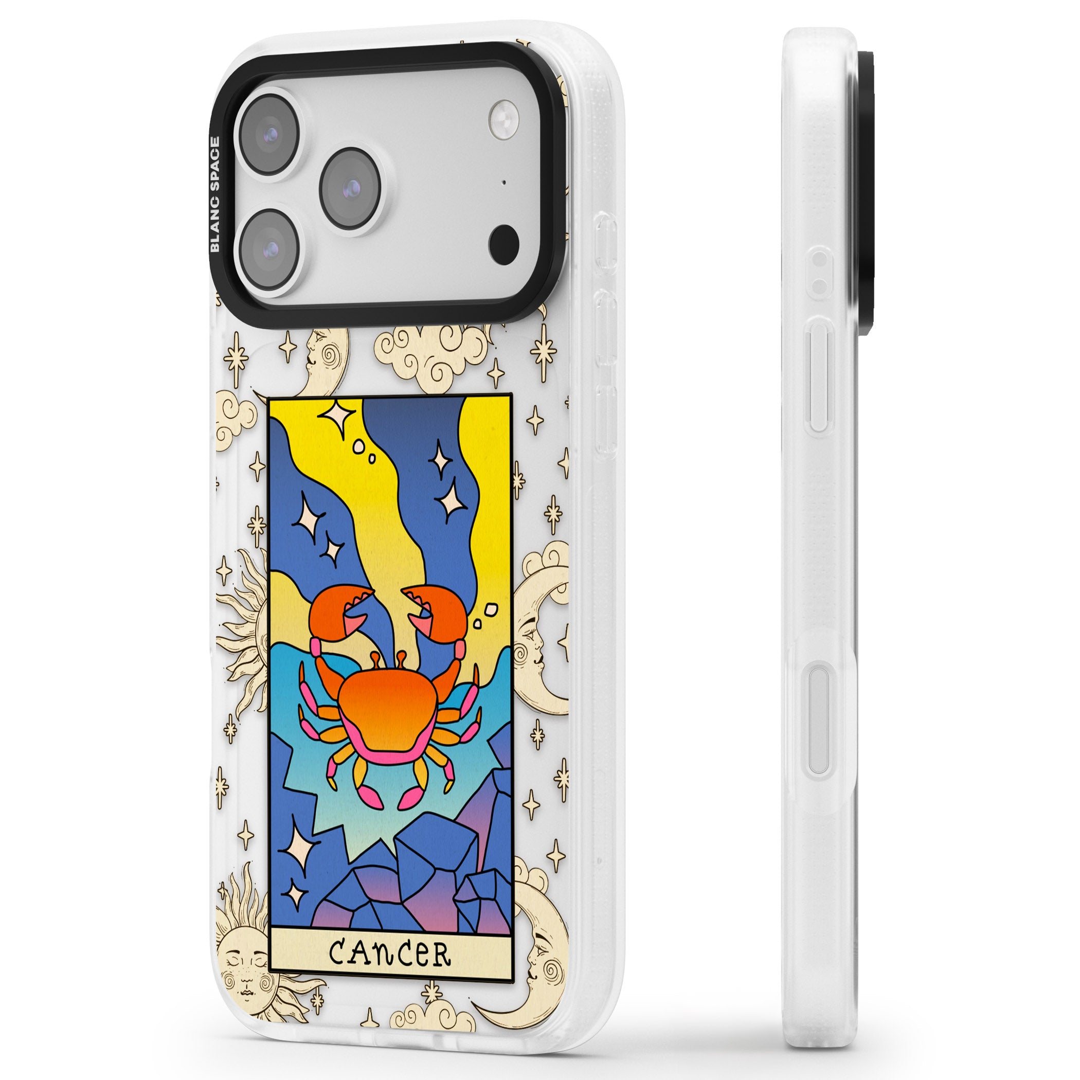 Celestial Zodiac Cancer iPhone 17 Pro Impact Air Clear Phone Case Side Profile