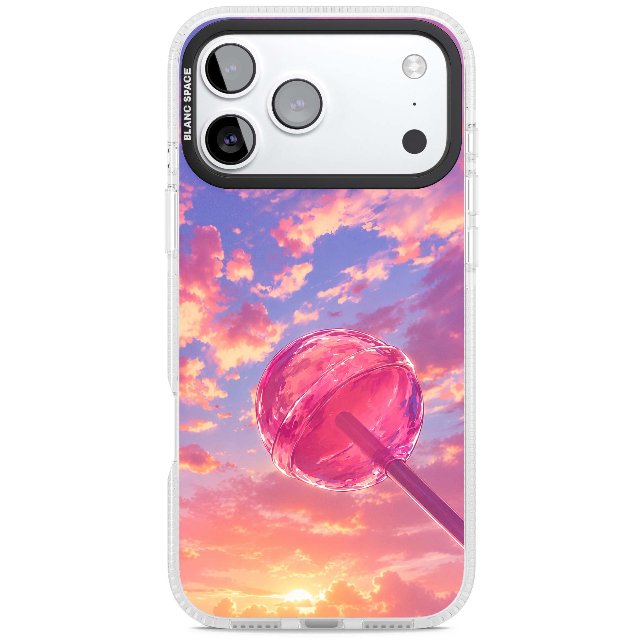 Sugar Sunset candy aesthetic iPhone case featuring a pink lollipop, pastel sunset sky and dreamy clouds | Clear Case Impact Air case for iPhone 17 Pro, iPhone 17 Pro Max