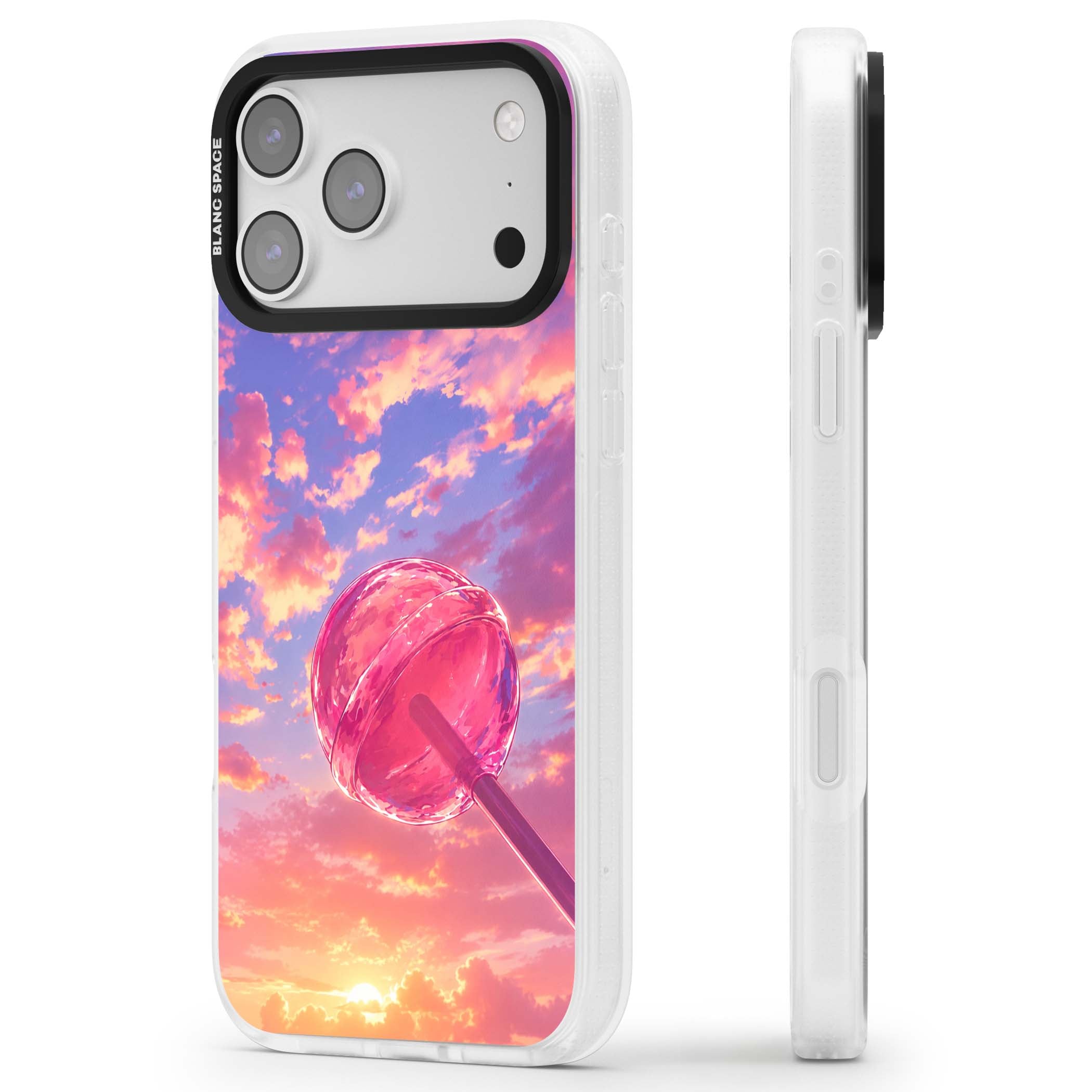 Sugar Sunset candy aesthetic iPhone case featuring a pink lollipop, pastel sunset sky and dreamy clouds | Clear Case Impact Air case for iPhone 17 Pro, iPhone 17 Pro Max