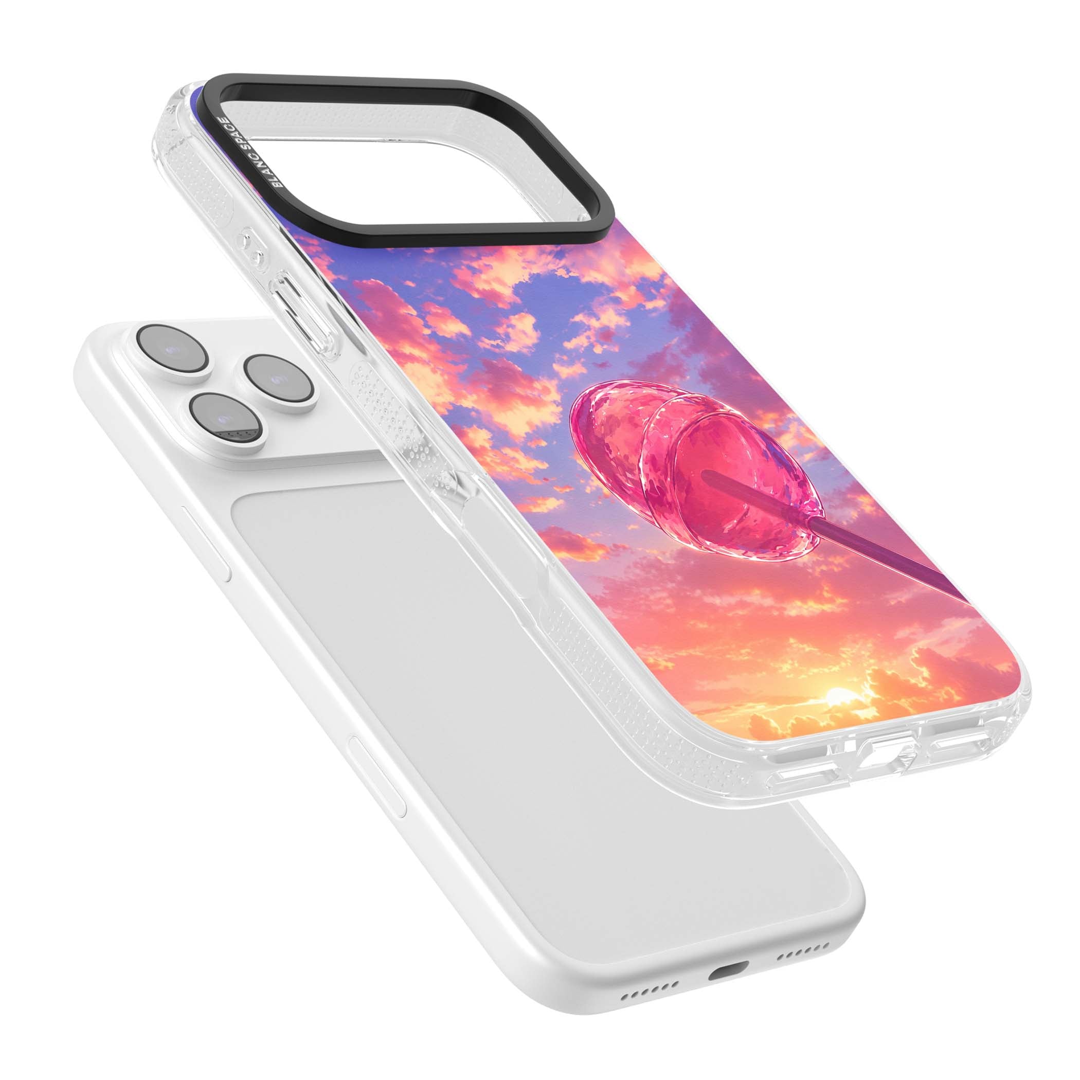 Sugar Sunset candy aesthetic iPhone case featuring a pink lollipop, pastel sunset sky and dreamy clouds | Clear Case Impact Air case for iPhone 17 Pro, iPhone 17 Pro Max