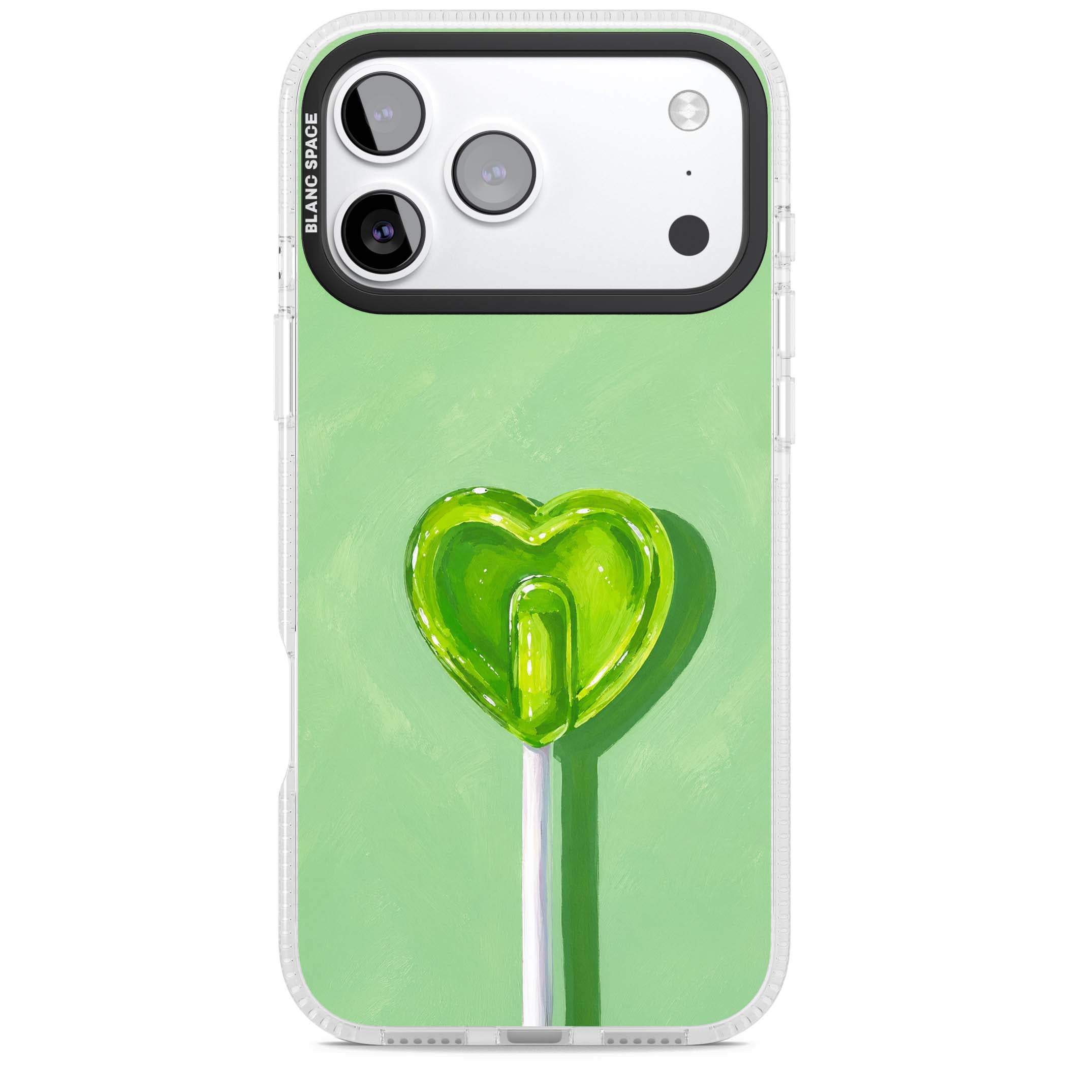 Green Lollipop candy art iPhone case featuring a glossy green heart-shaped lollipop on a painted pastel green background | Clear Case Impact Air case for iPhone 17 Pro, iPhone 17 Pro Max