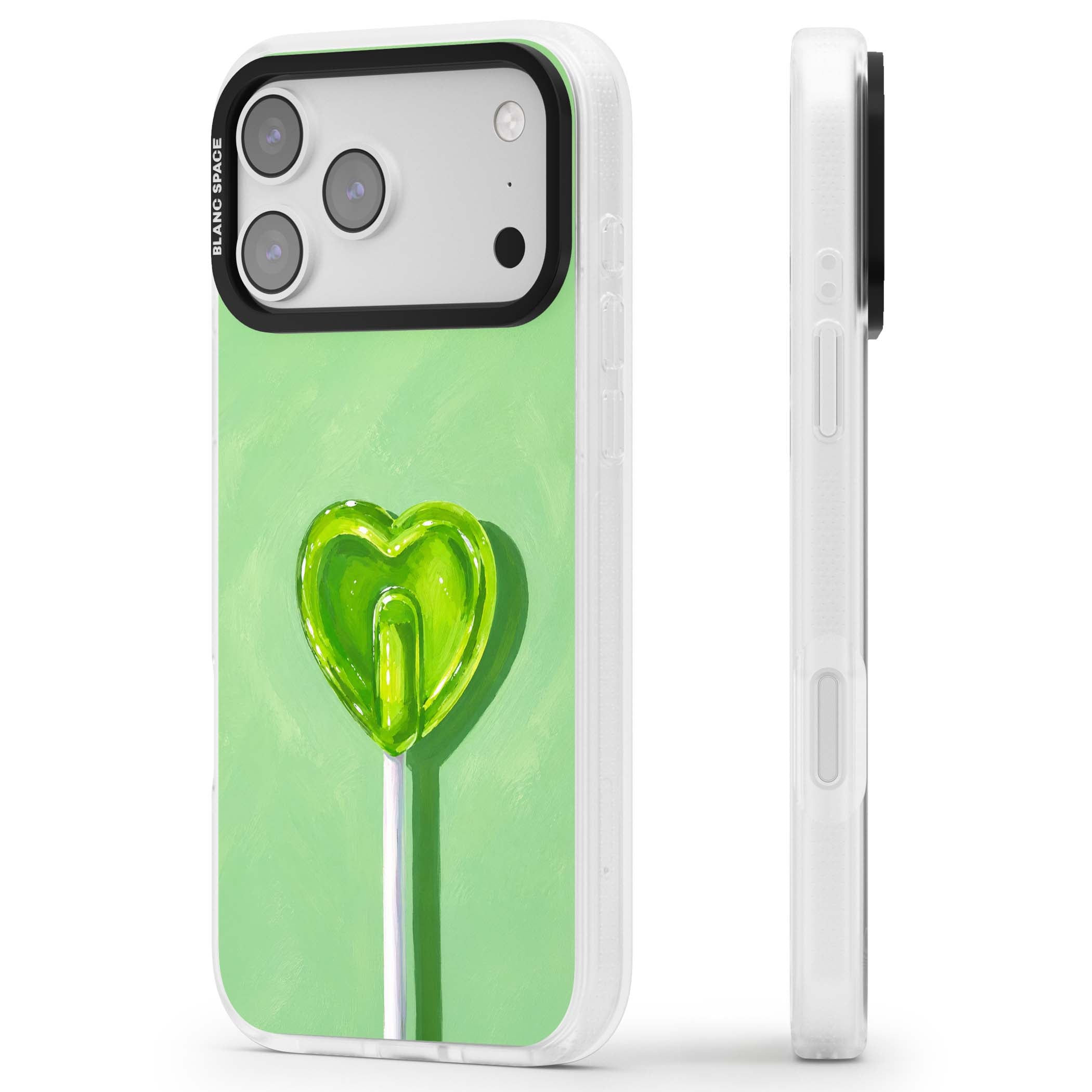 Green Lollipop candy art iPhone case featuring a glossy green heart-shaped lollipop on a painted pastel green background | Clear Case Impact Air case for iPhone 17 Pro, iPhone 17 Pro Max