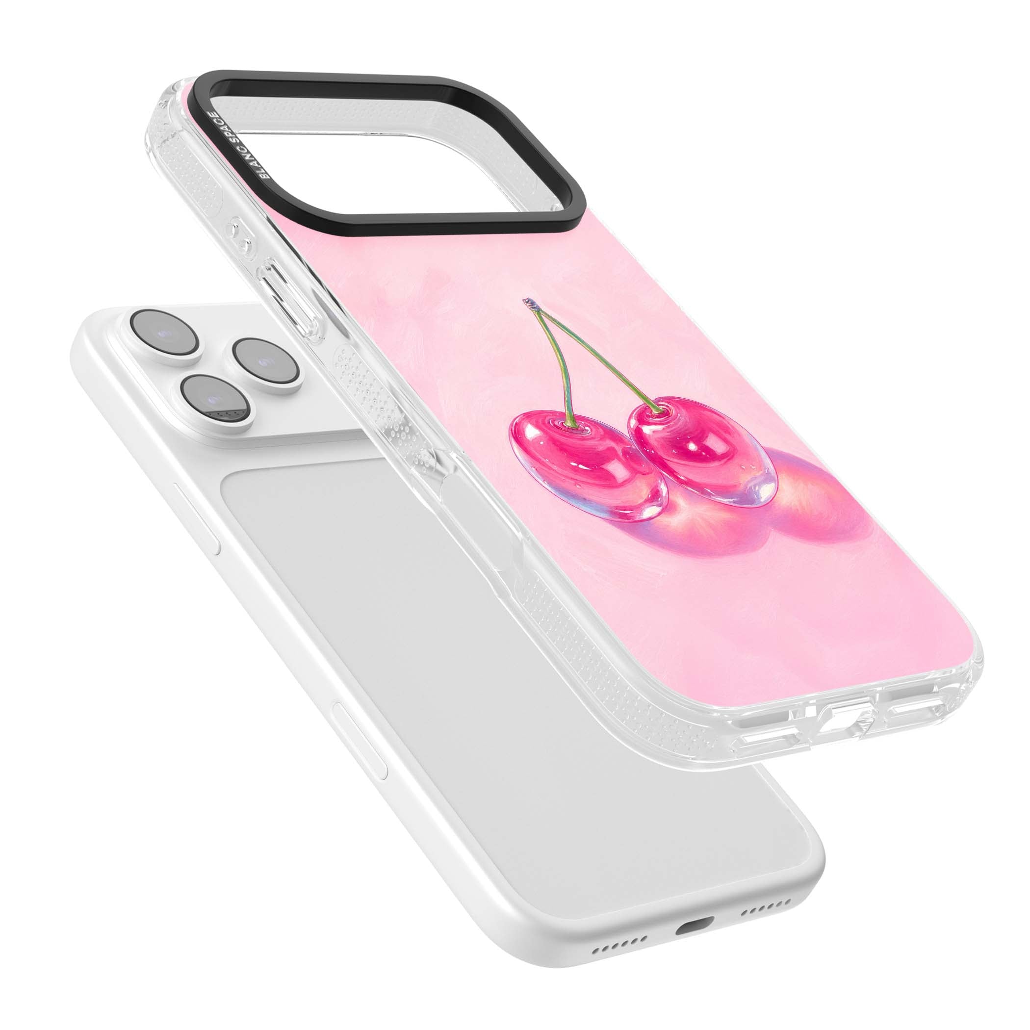 Pink Glass Cherry coquette iPhone case featuring two glossy painted cherries on a soft pink background | Clear Case Impact Air case for iPhone 17 Pro, iPhone 17 Pro Max