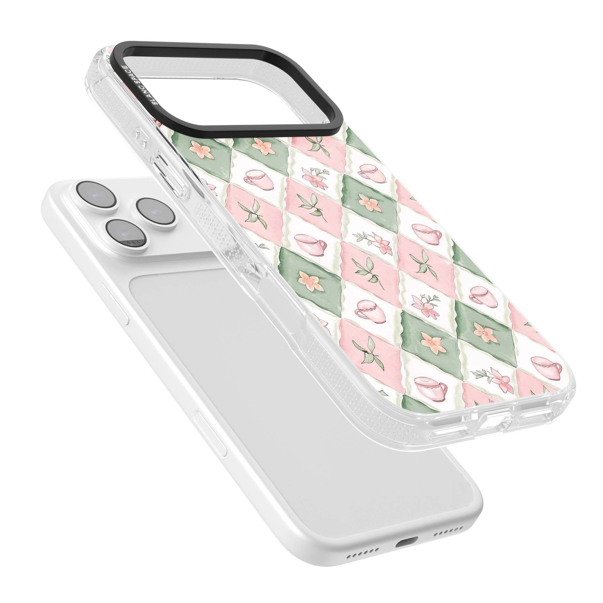 Garden Tea Party coquette iPhone case with pink and green checkered pattern, watercolour teacups and wildflowers | Clear Case Impact Air case for iPhone 17 Pro, iPhone 17 Pro Max