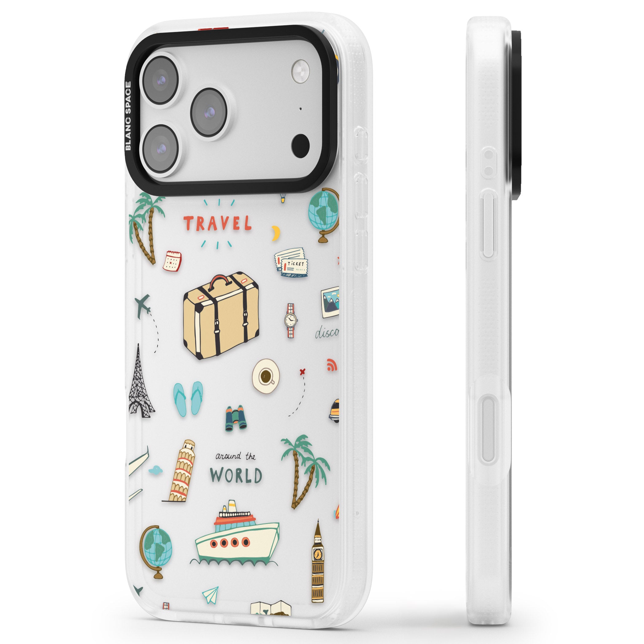 Cute Travel Pattern Transparent iPhone 17 Pro Impact Air Clear Phone Case Side Profile
