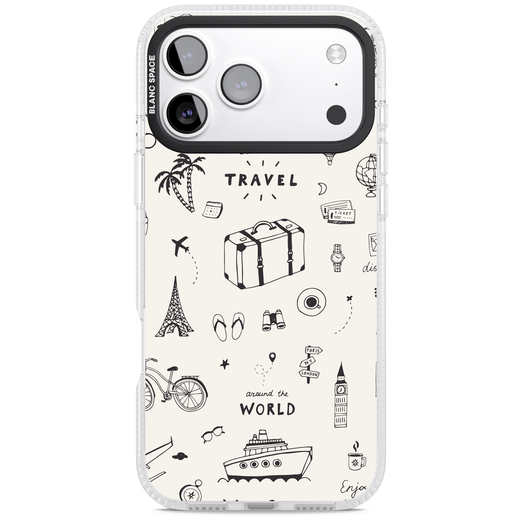 Cute Travel Pattern, White On iPhone 17 Pro Impact Air Clear Phone Case