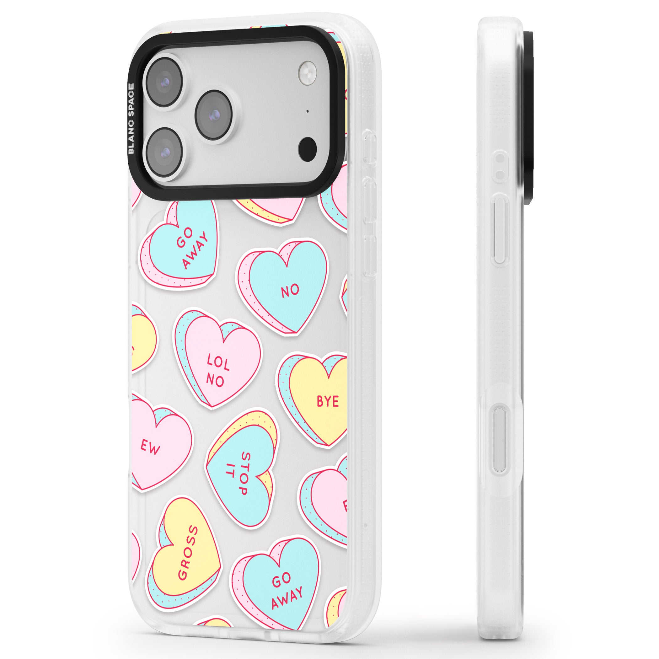 Sarcastic Love Hearts iPhone 17 Pro Impact Air Clear Phone Case Side Profile