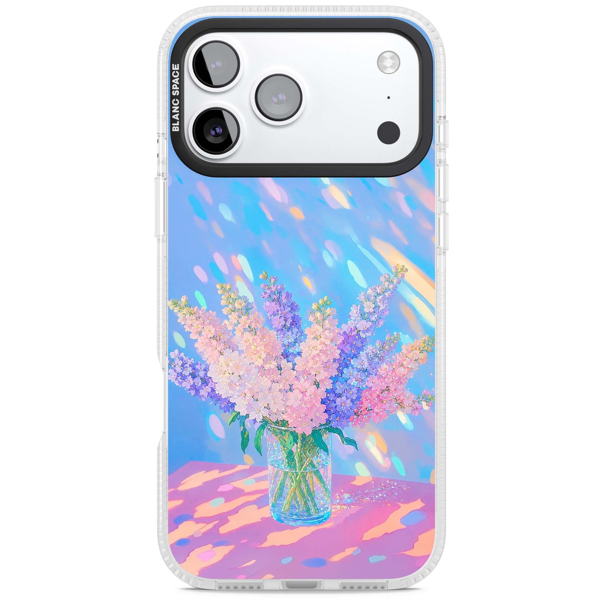 Bubblegum Flowers floral iPhone case featuring pastel lilac and pink bouquet in a glass vase with iridescent light | Clear Case Impact Air case for iPhone 17 Pro, iPhone 17 Pro Max