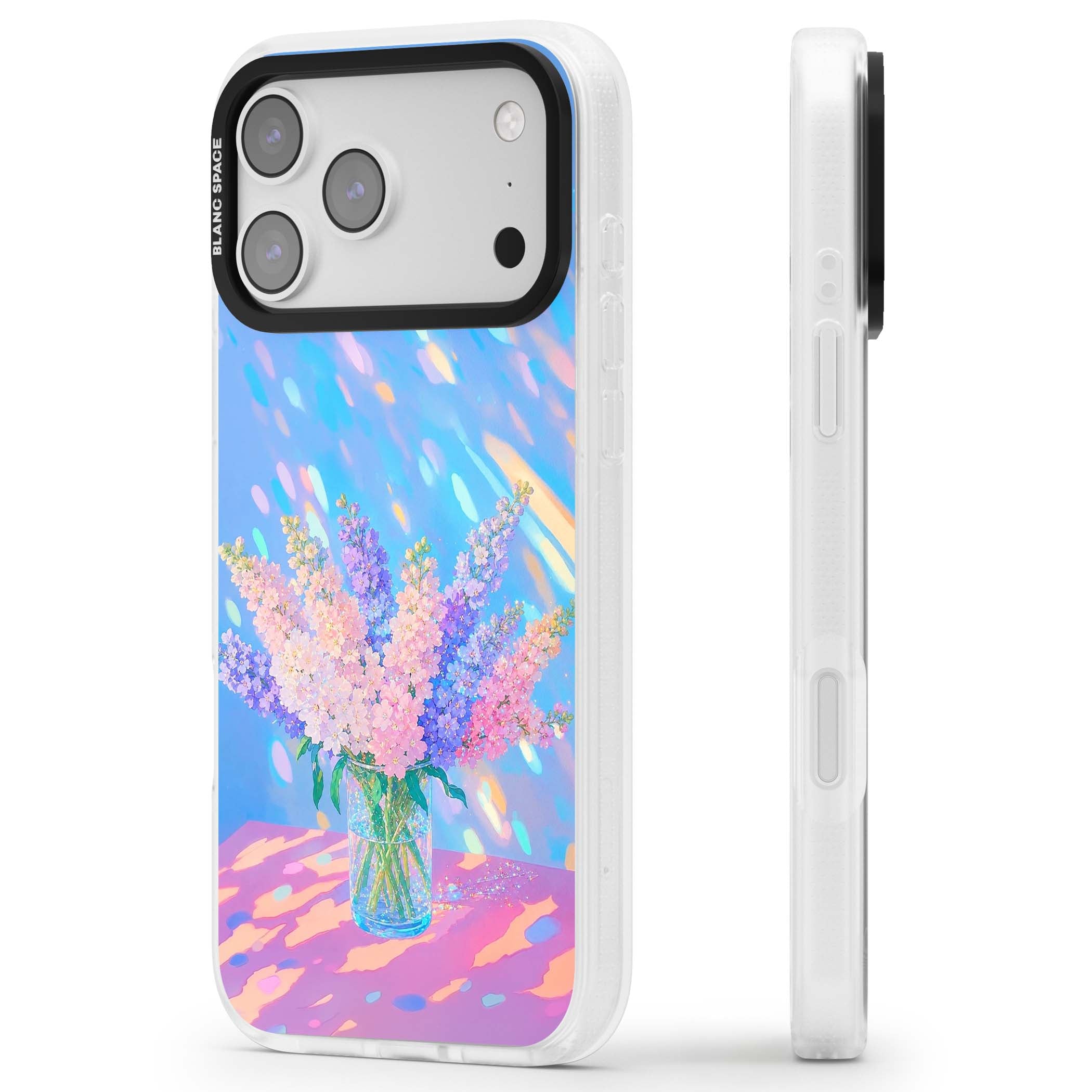 Bubblegum Flowers floral iPhone case featuring pastel lilac and pink bouquet in a glass vase with iridescent light | Clear Case Impact Air case for iPhone 17 Pro, iPhone 17 Pro Max