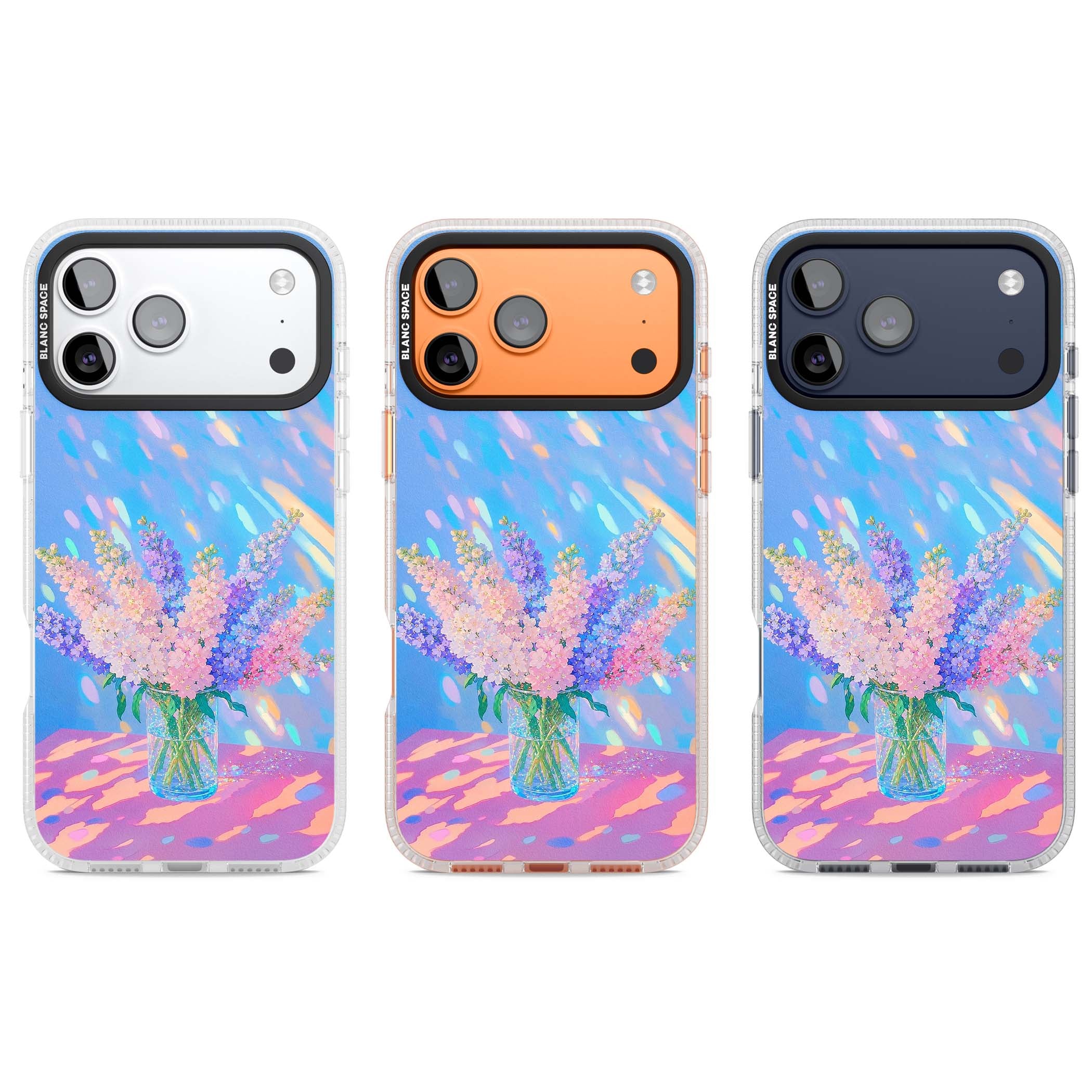 Bubblegum Flowers floral iPhone case featuring pastel lilac and pink bouquet in a glass vase with iridescent light | Clear Case Impact Air case for iPhone 17 Pro, iPhone 17 Pro Max