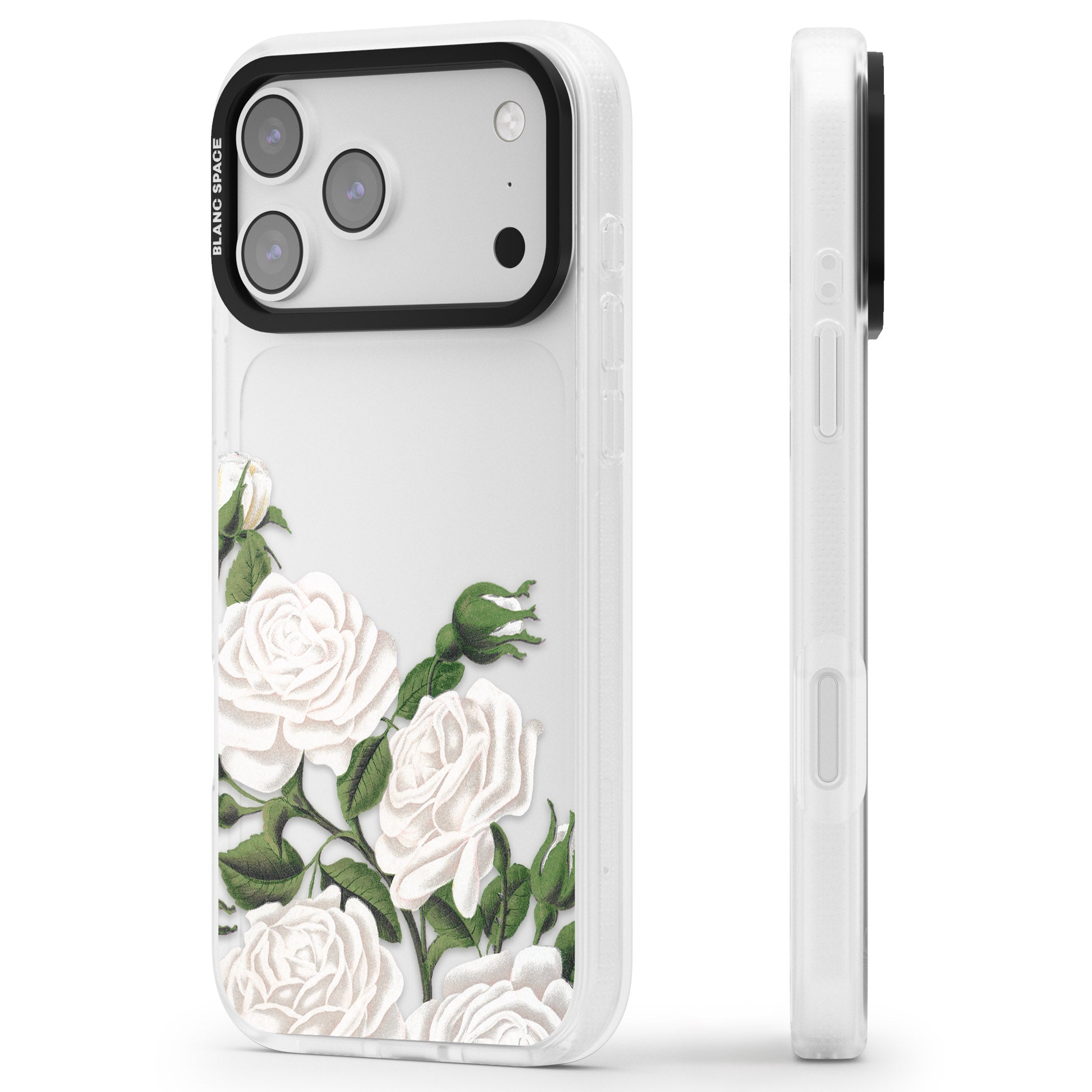 White Vintage Painted Flowers iPhone 17 Pro Impact Air Clear Phone Case Side Profile