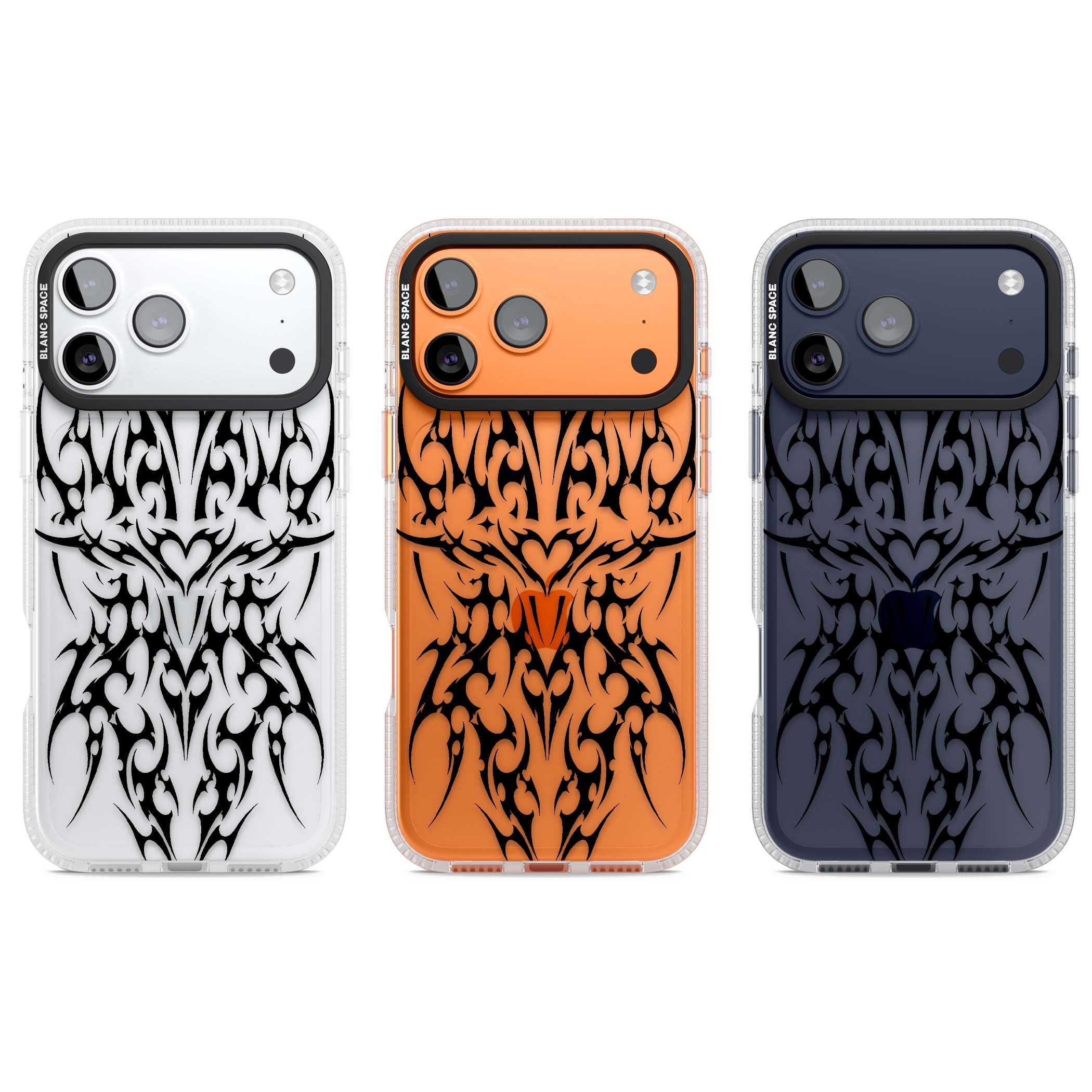 Neo Tribal Heart gothic iPhone case featuring symmetrical black tribal tattoo art with sharp thorn-like linework | Clear Case Impact Air case for iPhone 17 Pro, iPhone 17 Pro Max