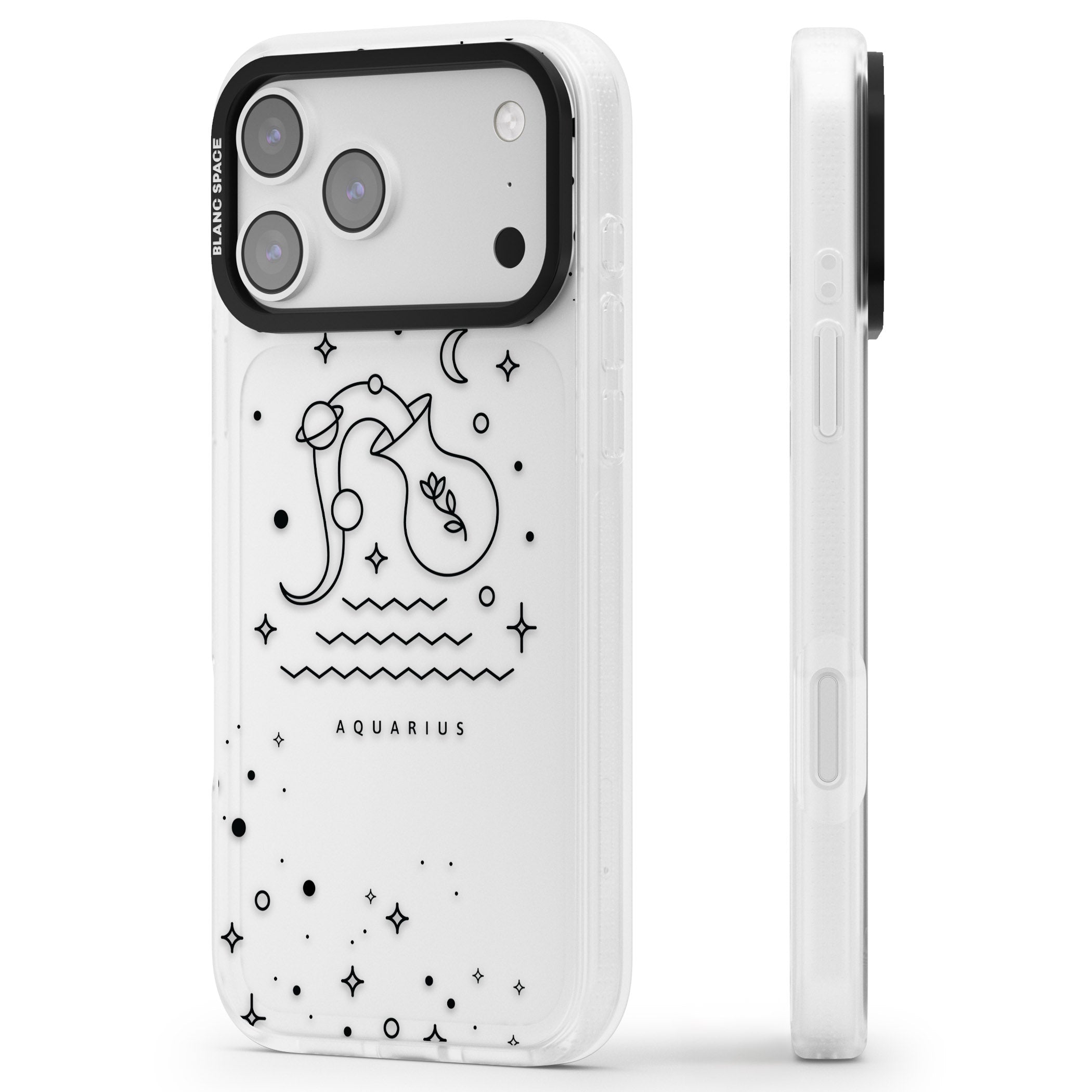 Aquarius Zodiac Symbol iPhone 17 Pro Impact Air Clear Phone Case Side Profile