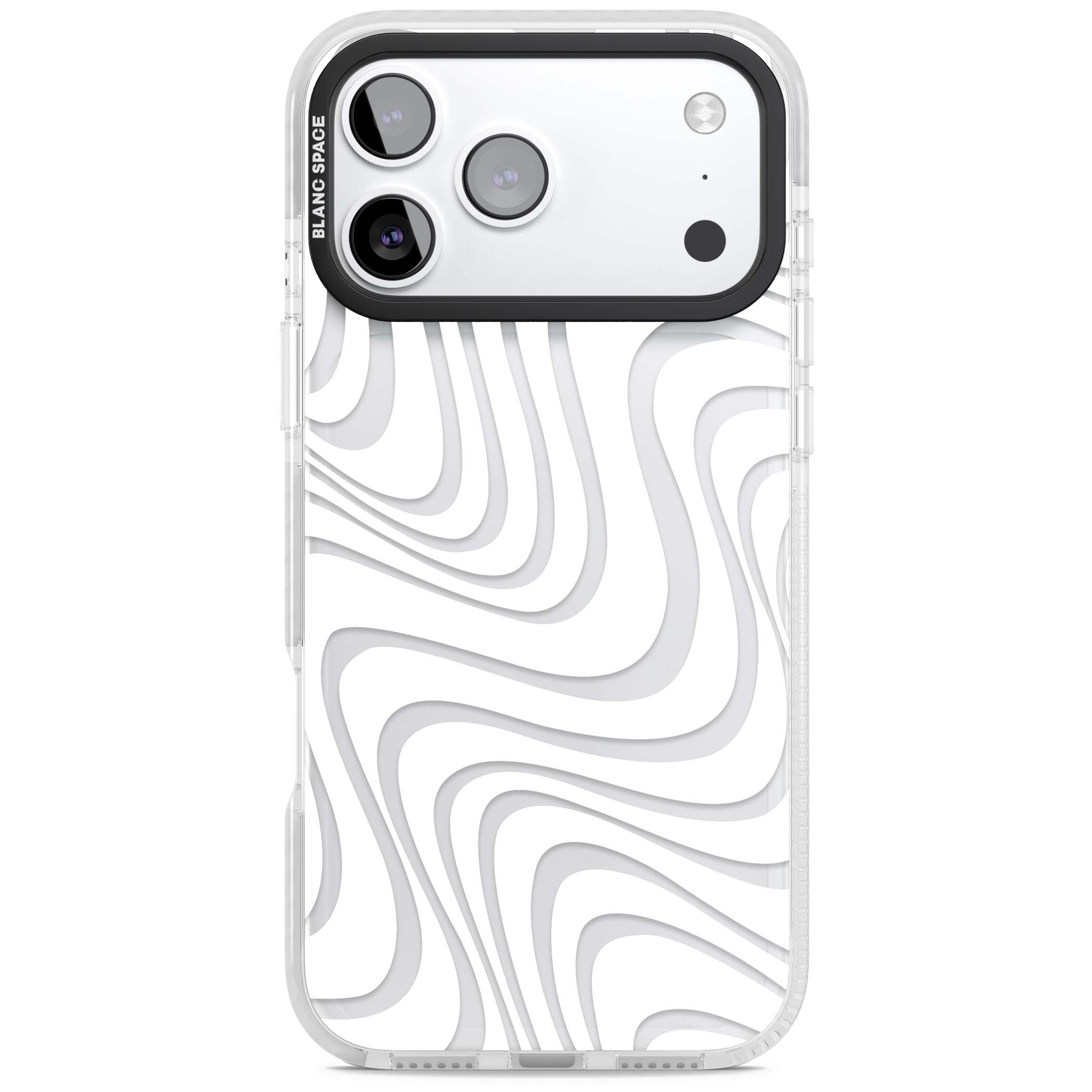 White Abstract Waves abstract iPhone case featuring flowing grey wave pattern on clear background | Black Impact case for iPhone 17 Pro, iPhone 17 Pro Max