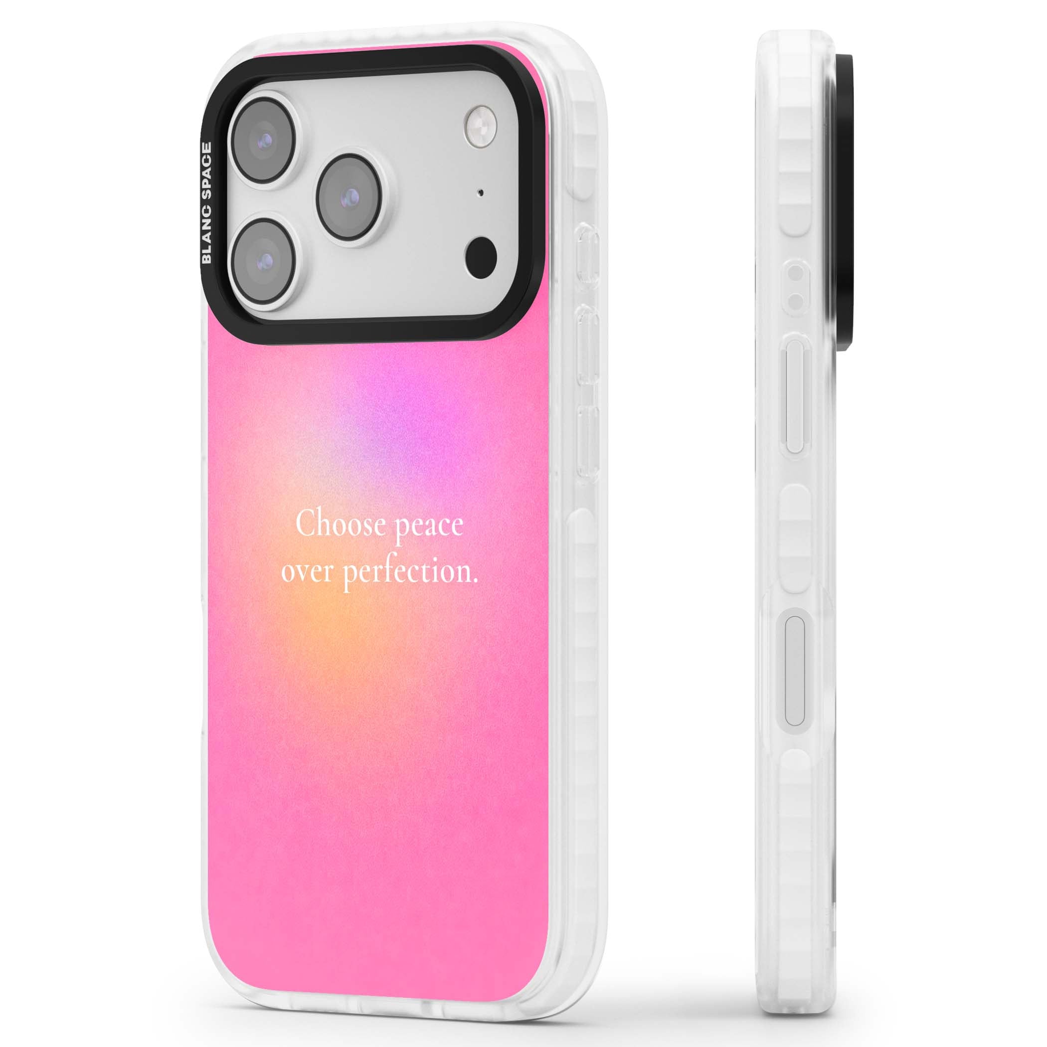Peace Over Perfection quote iPhone case featuring a dreamy pink aura gradient and delicate white affirmation text | Black Impact case for iPhone 17 Pro, iPhone 17 Pro Max