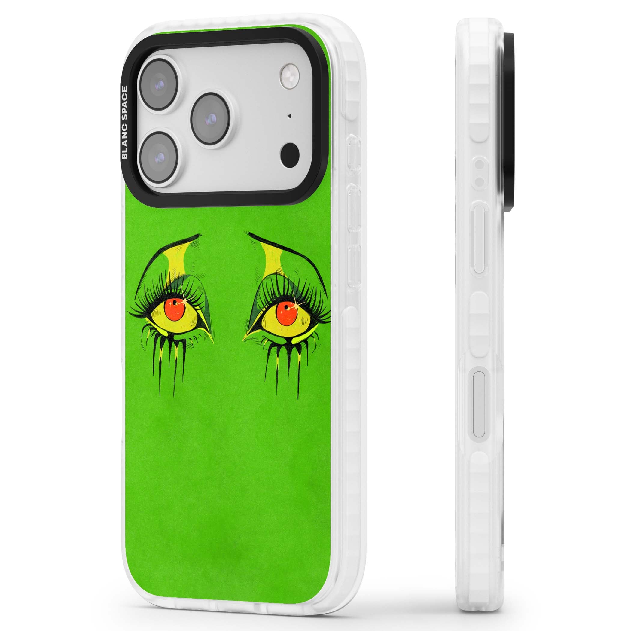 Green Enchanted Eyes psychedelic art iPhone case featuring hand-drawn dripping eyes on neon green background | Black Impact case for iPhone 17 Pro, iPhone 17 Pro Max