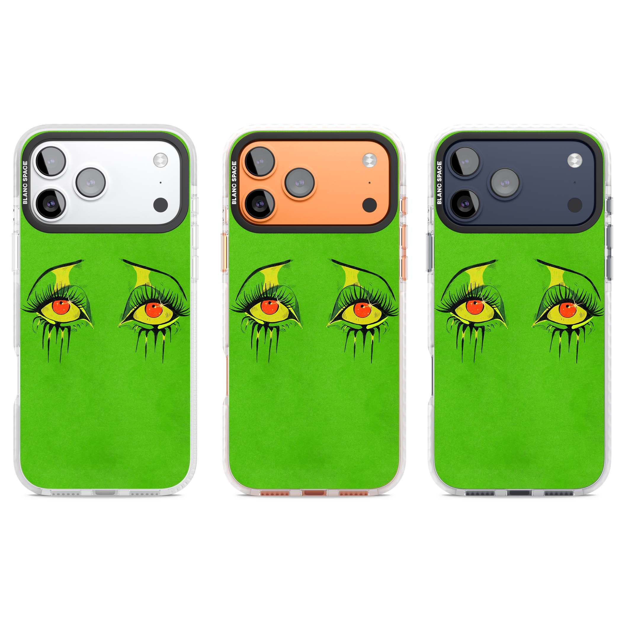 Green Enchanted Eyes psychedelic art iPhone case featuring hand-drawn dripping eyes on neon green background | Black Impact case for iPhone 17 Pro, iPhone 17 Pro Max