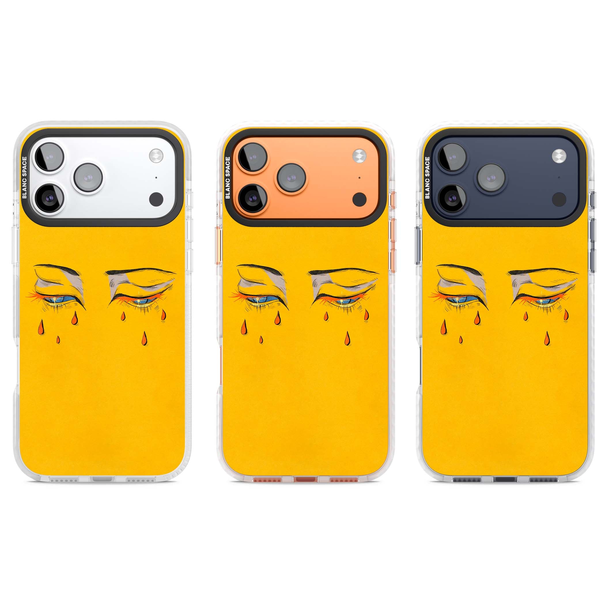 Yellow Tearful Eyes indie iPhone case featuring hand-drawn crying eyes with orange tears on a yellow background | Black Impact case for iPhone 17 Pro, iPhone 17 Pro Max