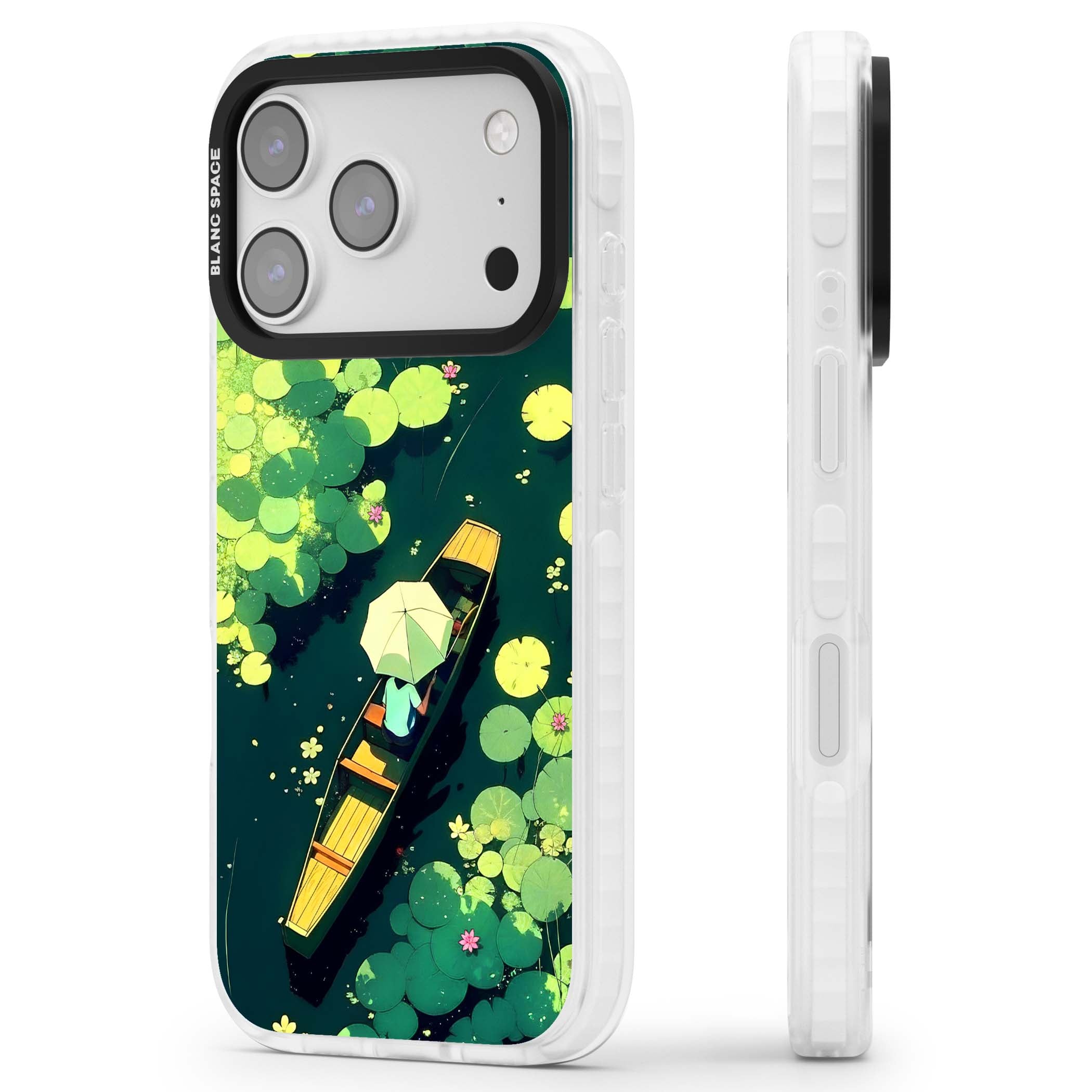 Jade Waters cottagecore iPhone case featuring a painted lily pond, wooden boat with parasol and floating water lilies | Black Impact case for iPhone 17 Pro, iPhone 17 Pro Max