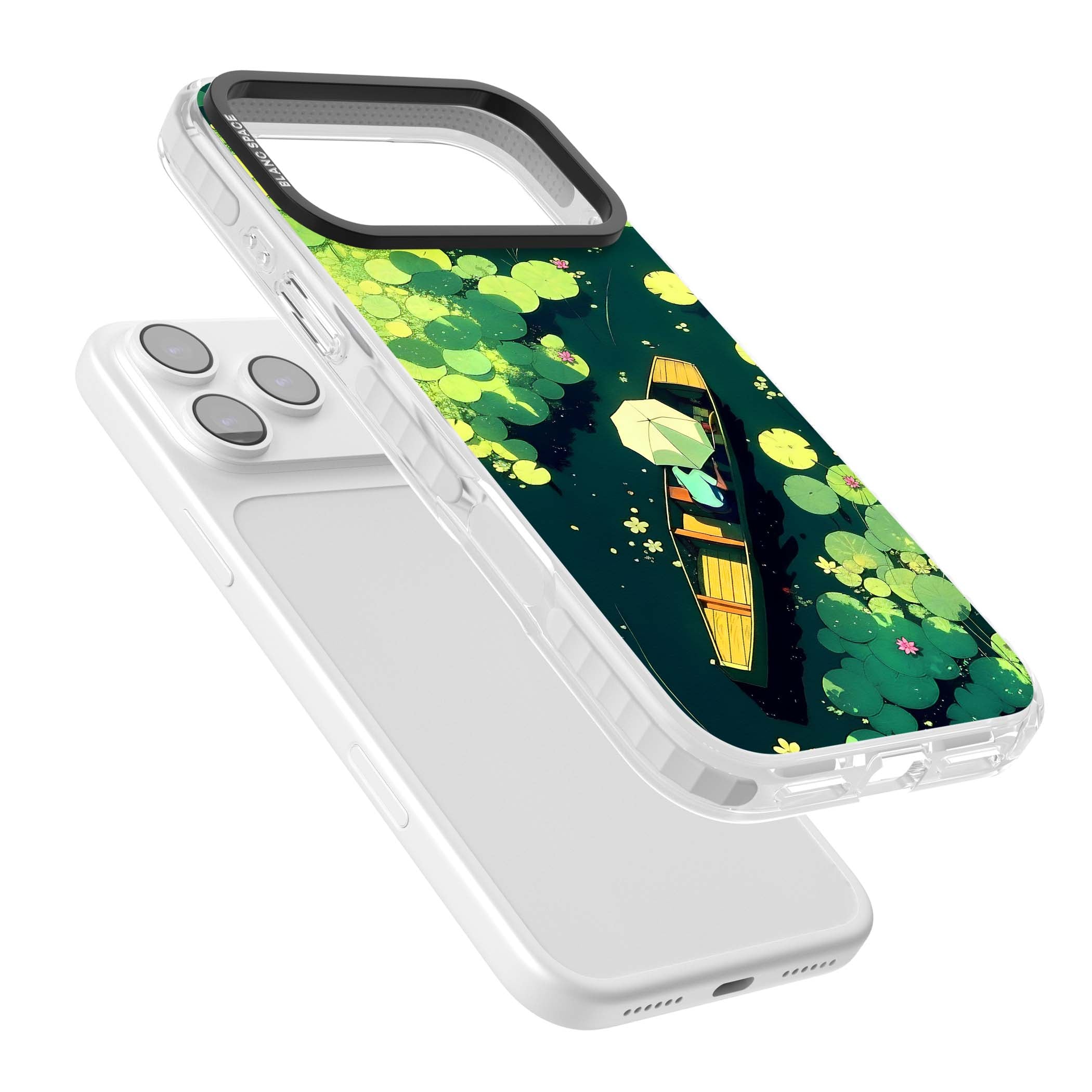 Jade Waters cottagecore iPhone case featuring a painted lily pond, wooden boat with parasol and floating water lilies | Black Impact case for iPhone 17 Pro, iPhone 17 Pro Max