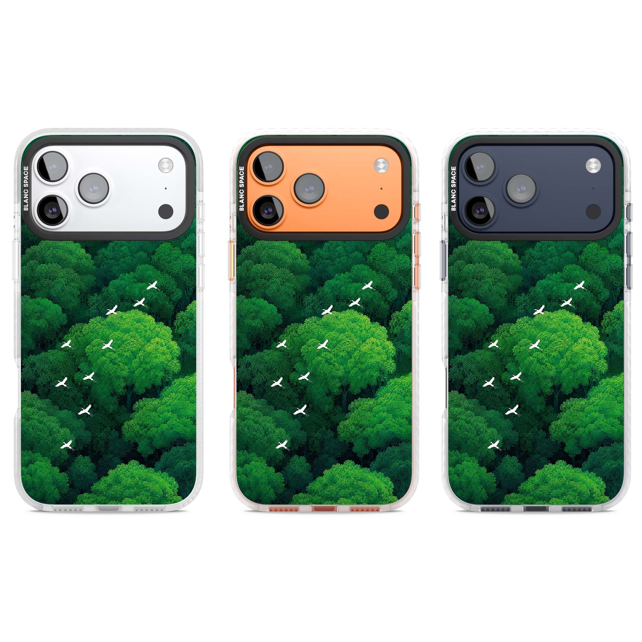 Grove Migration forest iPhone case featuring white cranes flying over lush green treetop canopy | Black Impact case for iPhone 17 Pro, iPhone 17 Pro Max
