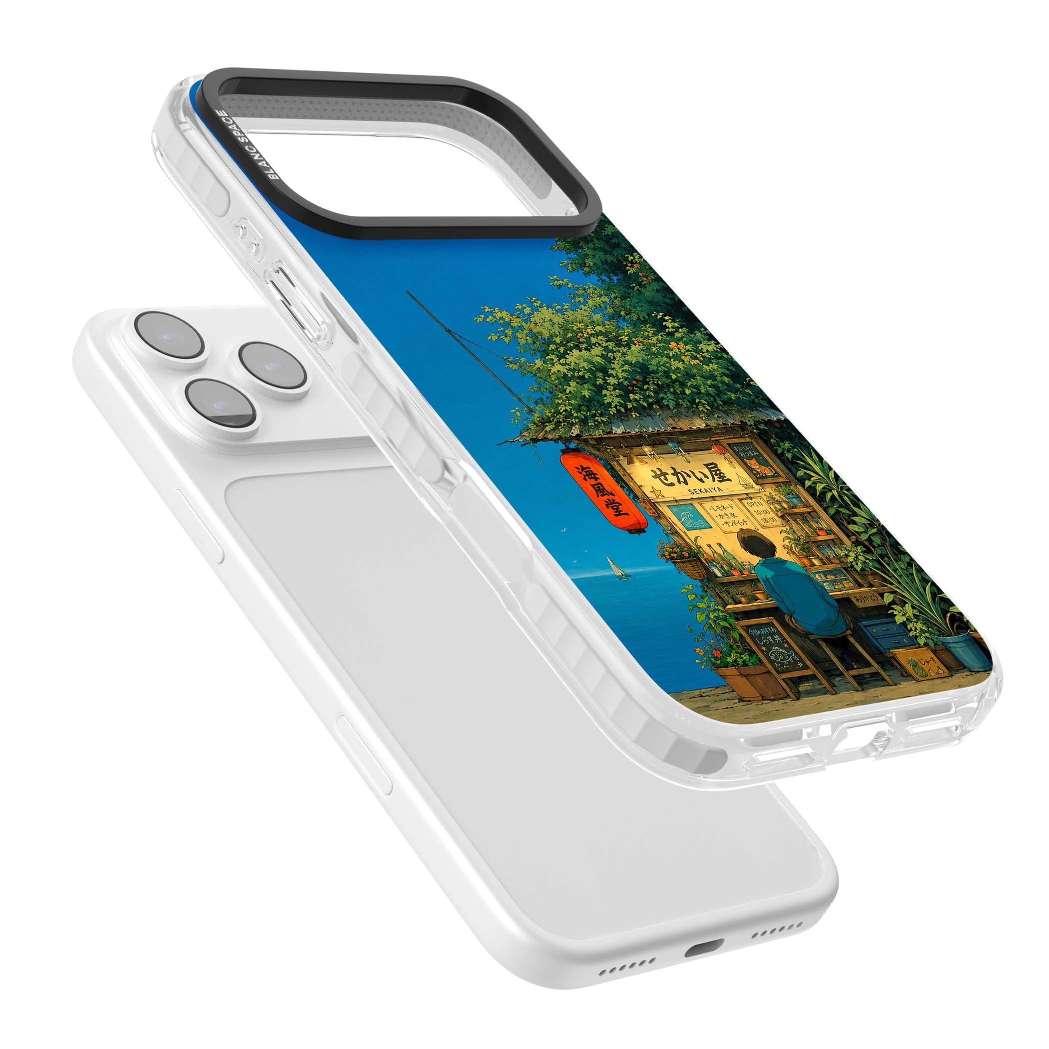 The Shirahama Kiosk anime iPhone case featuring a Japanese seaside shop, red paper lantern and ocean view | Black Impact case for iPhone 17 Pro, iPhone 17 Pro Max