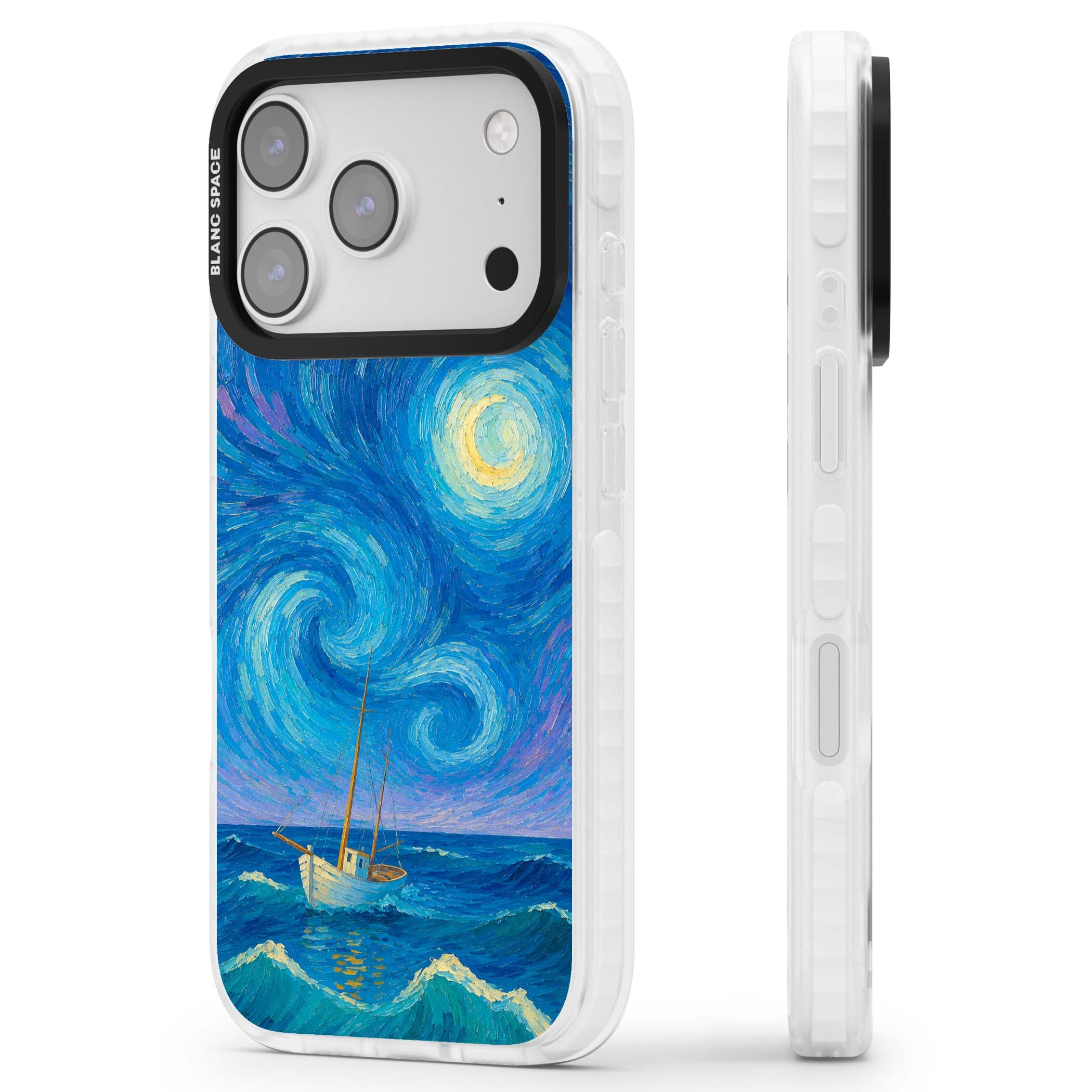 Moonlit Tide Van Gogh art iPhone case featuring swirling starry night sky, glowing moon and lone sailing boat at sea | Black Impact case for iPhone 17 Pro, iPhone 17 Pro Max