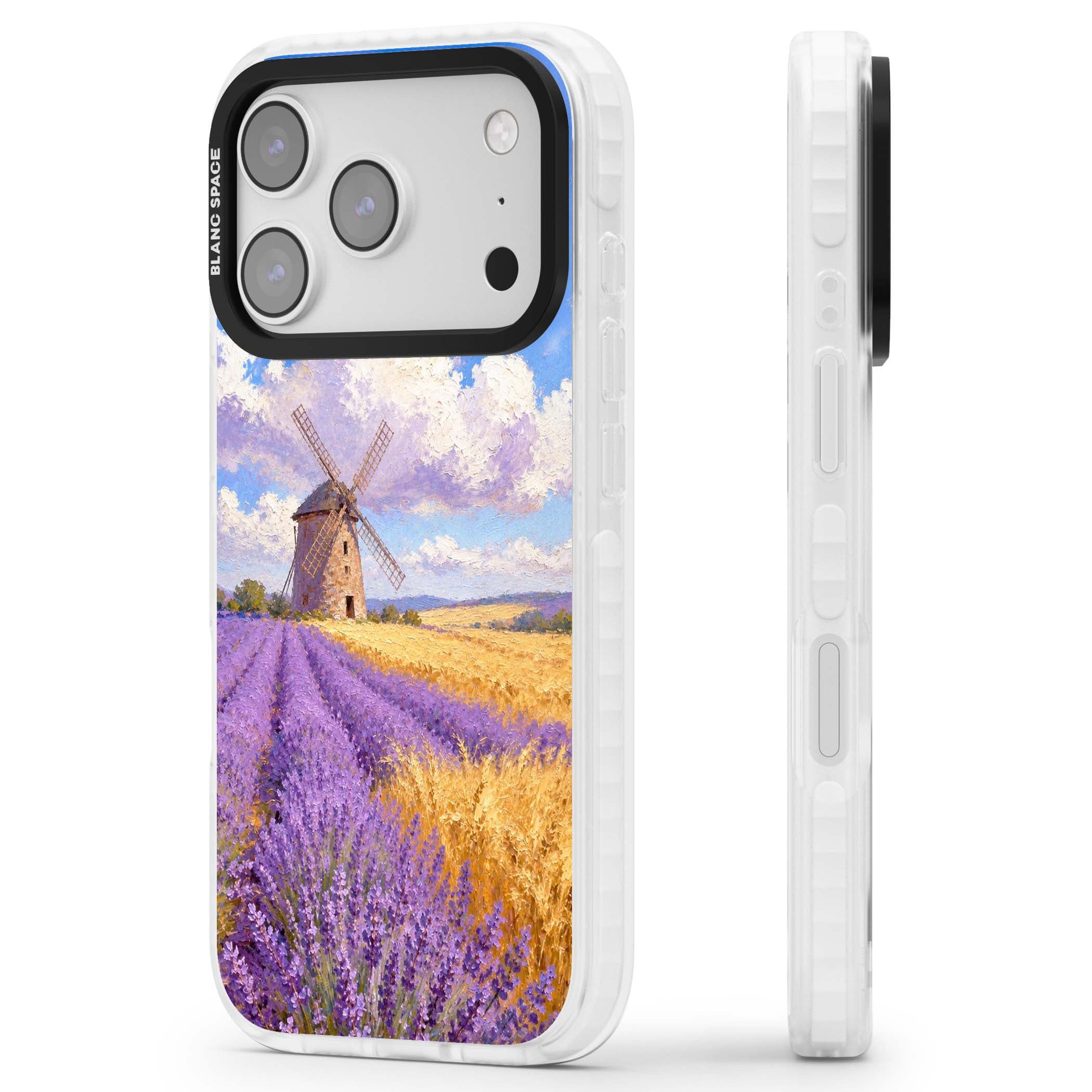 Lavender Mill cottagecore iPhone case featuring a French windmill, lavender field and golden wheat oil painting | Black Impact case for iPhone 17 Pro, iPhone 17 Pro Max