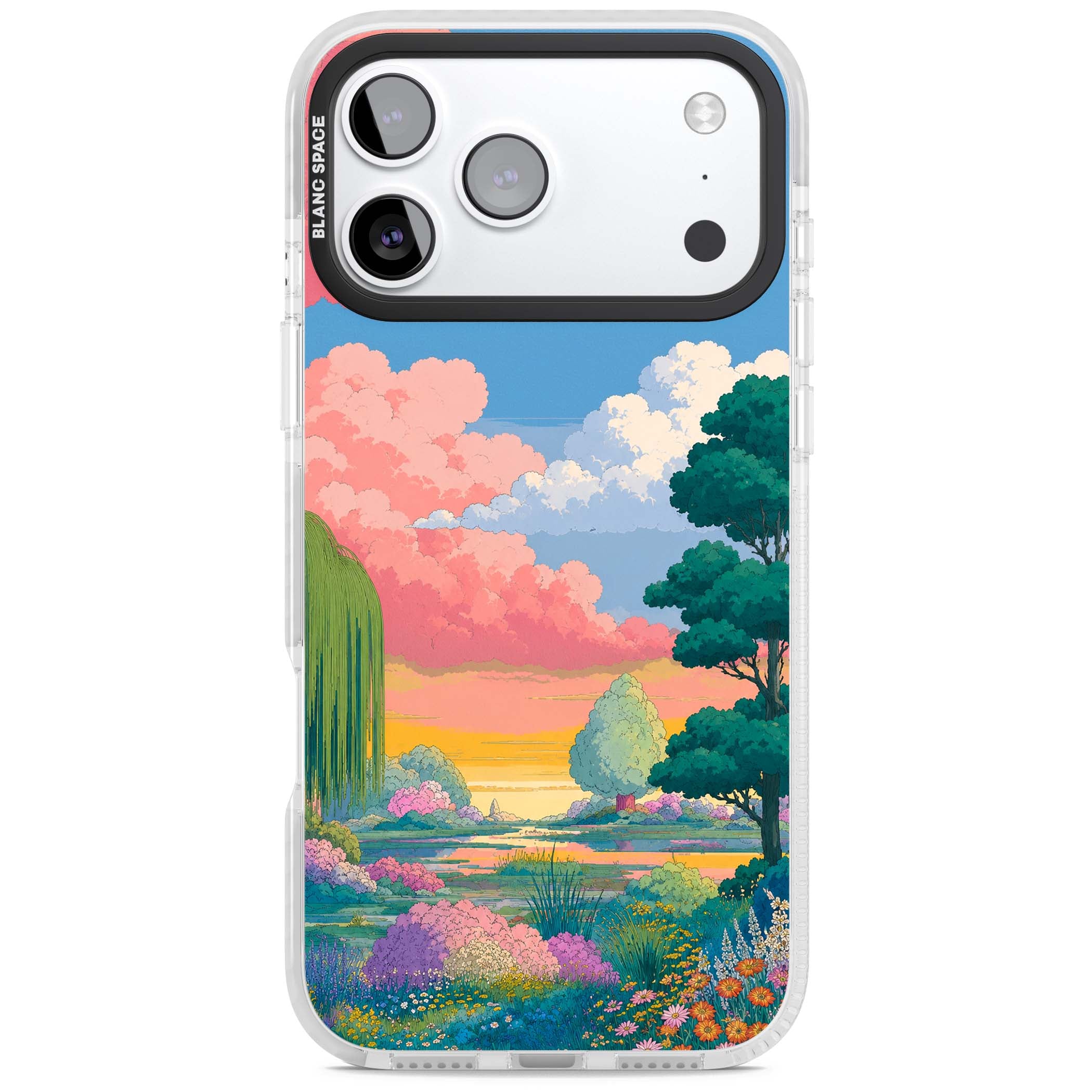 Dream Valley anime landscape iPhone case featuring pink sunset clouds, willow trees and wildflowers | Black Impact case for iPhone 17 Pro, iPhone 17 Pro Max