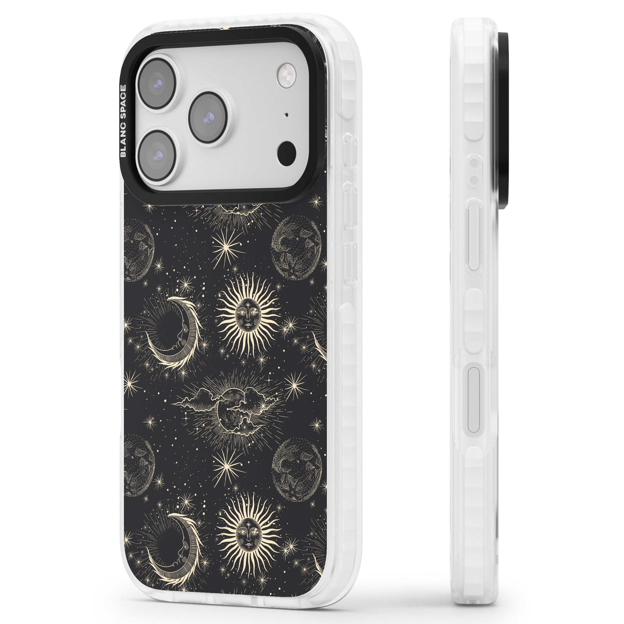 Suns & Moons Celestial Night iPhone 17 Pro Impact Clear Phone Case Side Profile