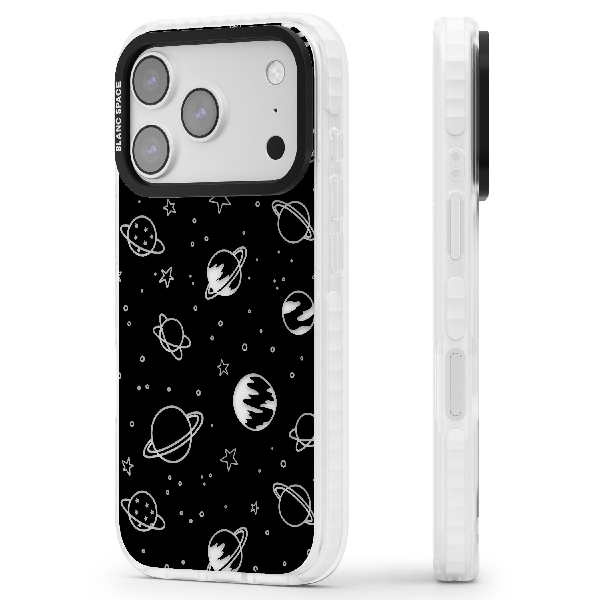 Cosmic Sketch Clear Black iPhone 17 Pro Impact Clear Phone Case Side Profile