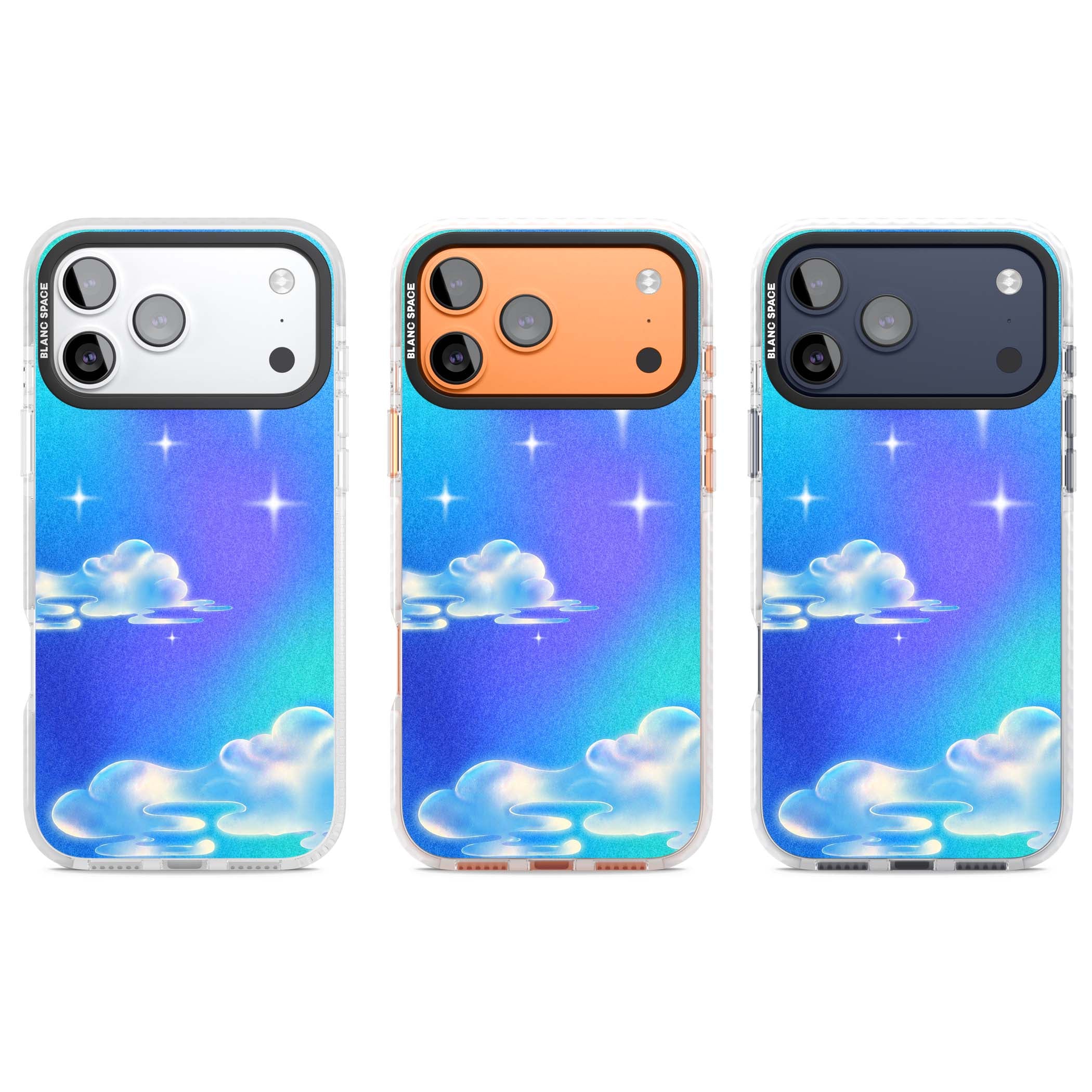 Aurora celestial iPhone case featuring dreamy iridescent clouds, sparkling stars and pastel blue purple sky | Black Impact case for iPhone 17 Pro, iPhone 17 Pro Max