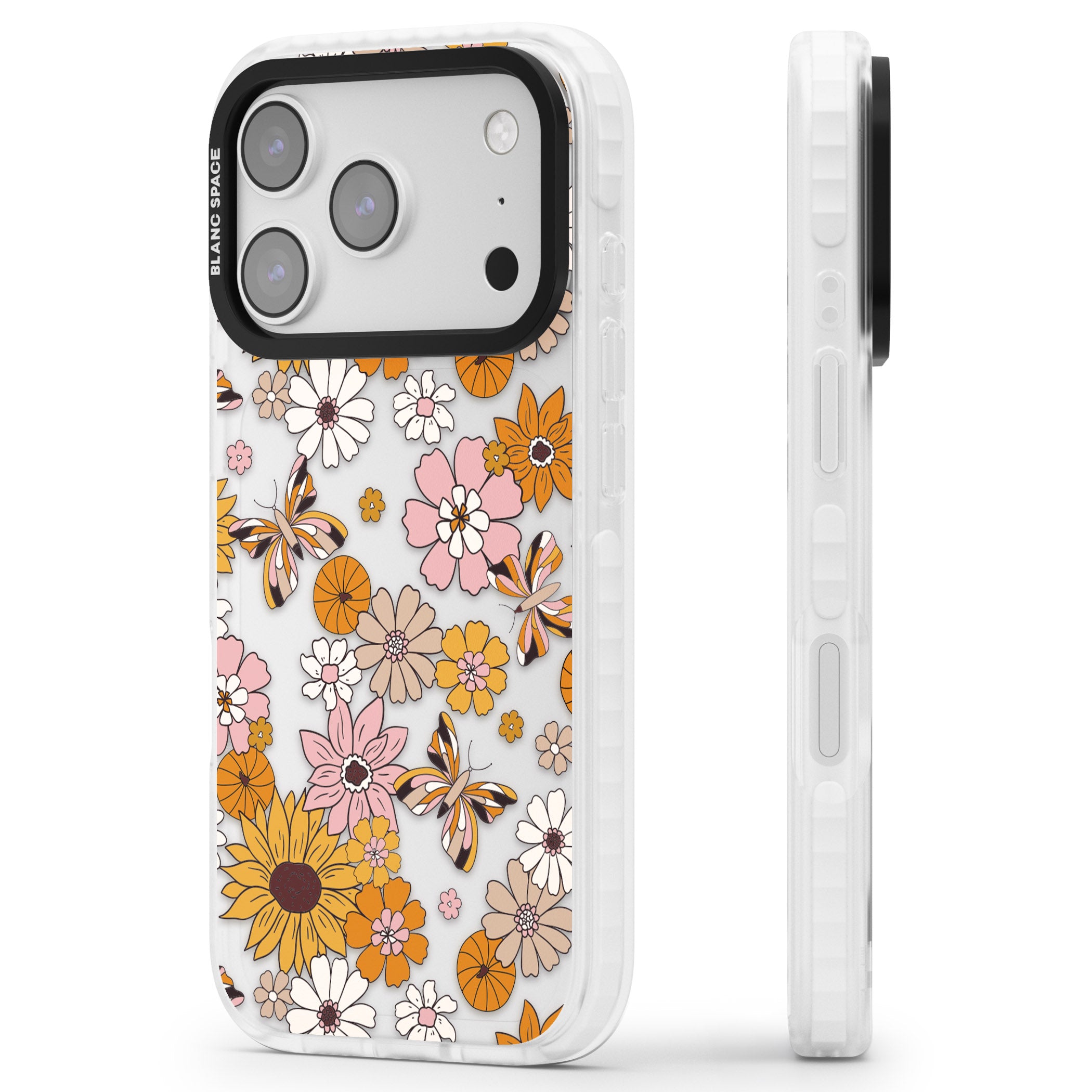 Butterfly Bloom Autumn Floral iPhone 17 Pro Impact Clear Phone Case Side Profile