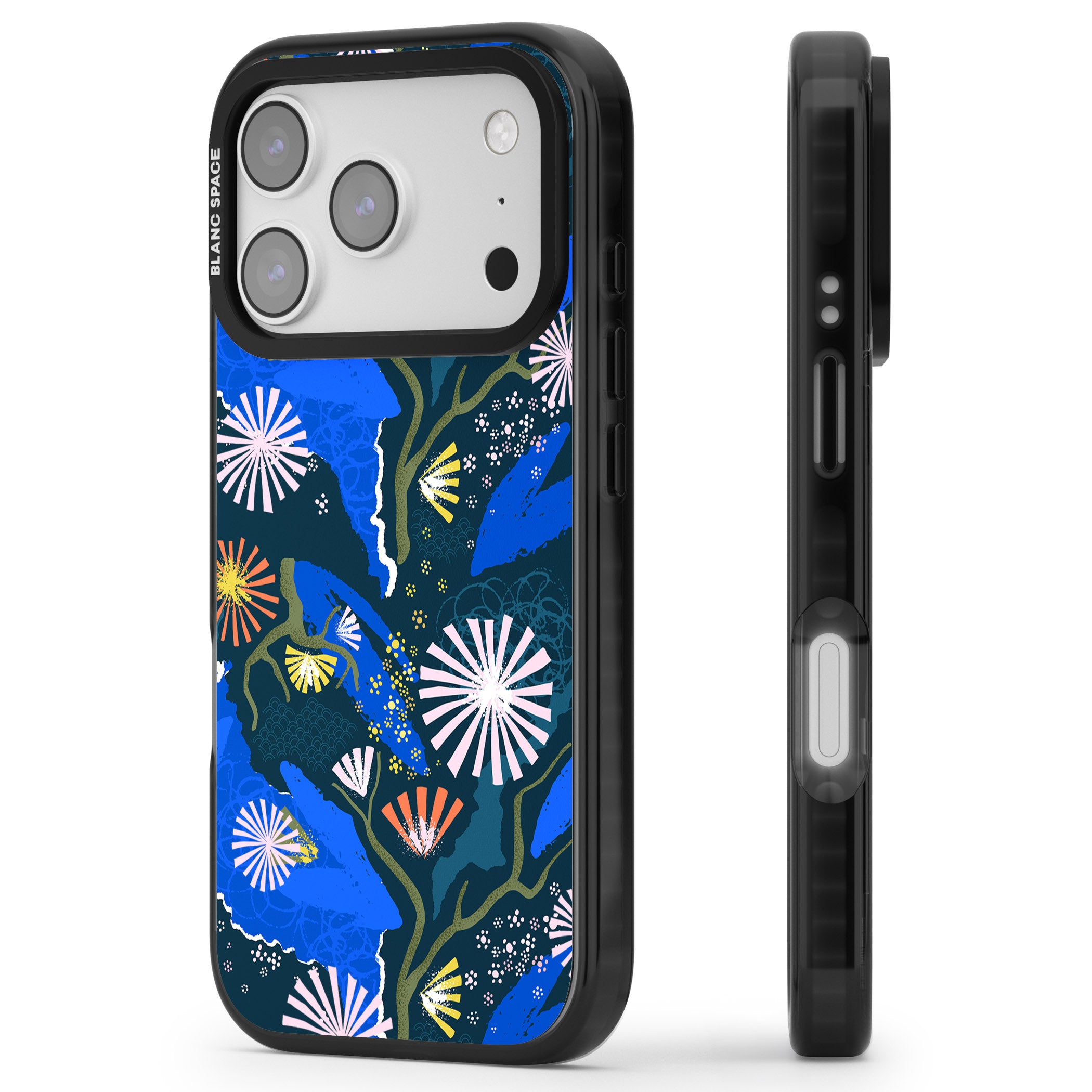 Dark Botanicals Abstract Pattern iPhone 17 Pro Impact Black Phone Case Side Profile